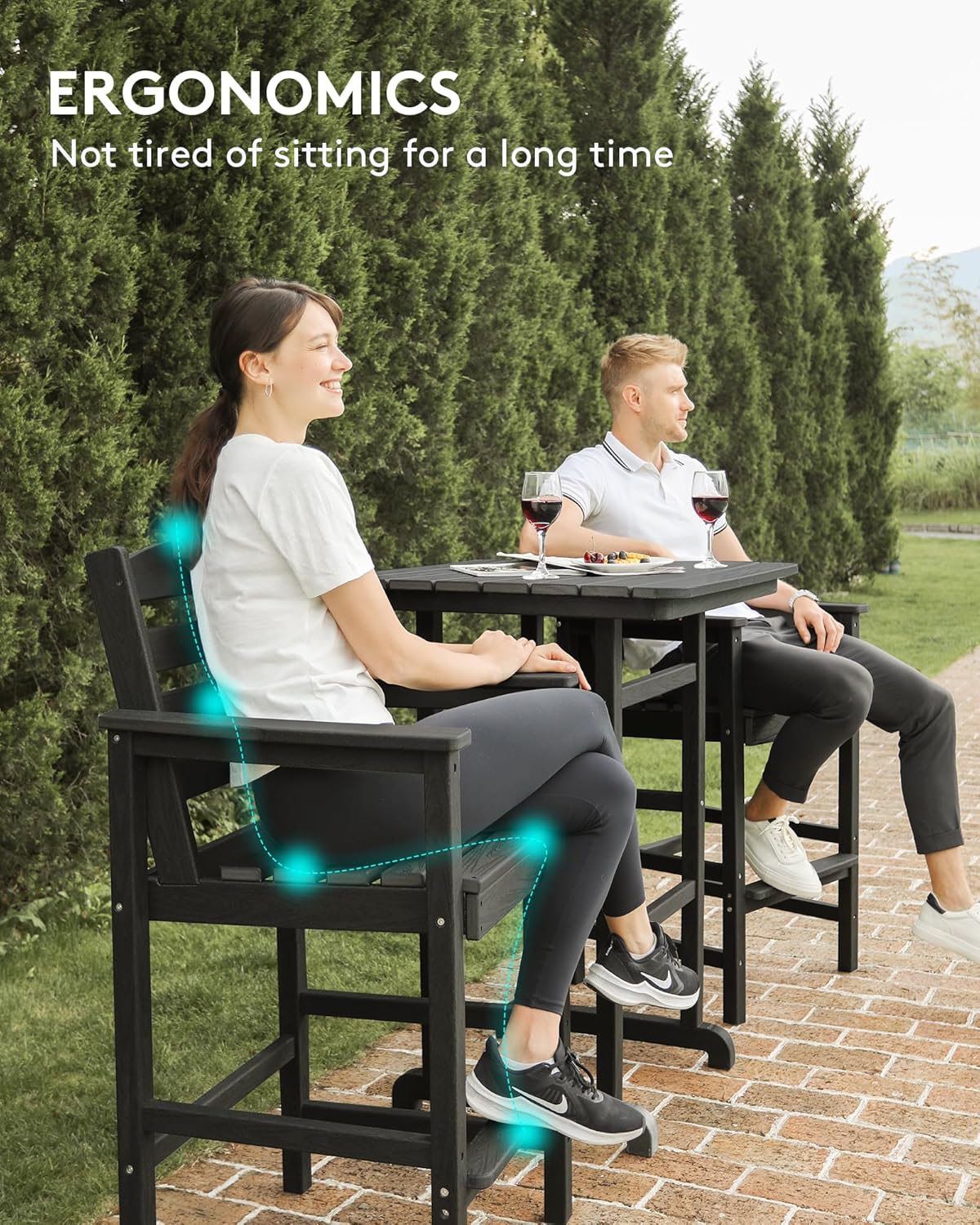 SERWALL Balcony Adirondack Chairs and Table 3 Pieces Set, Adirondack Bar Height Chairs Set of 2 and Bar Table, Outdoor Bar Stools Set for Bistro, Poolside, Backyard, Black