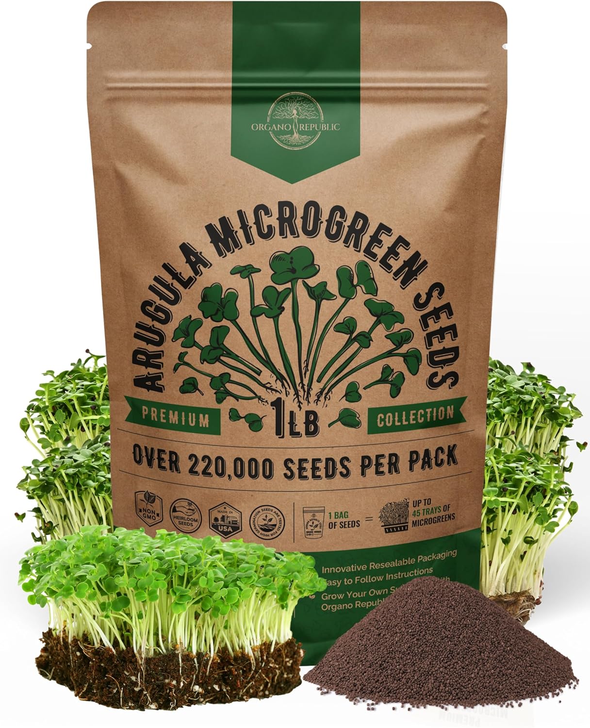 Organo Republic Arugula Sprouting & Microgreens Seeds - Non-GMO, Heirloom Sprout Seeds Kit, 1lb Resealable Bag for & Growing Microgreens in Soil, Coconut Coir, Aerogarden & Hydroponic System.