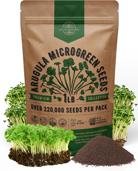 Organo Republic Arugula Sprouting & Microgreens Seeds - Non-GMO, Heirloom Sprout Seeds Kit, 1lb Resealable Bag for & Growing Microgreens in Soil, Coconut Coir, Aerogarden & Hydroponic System.