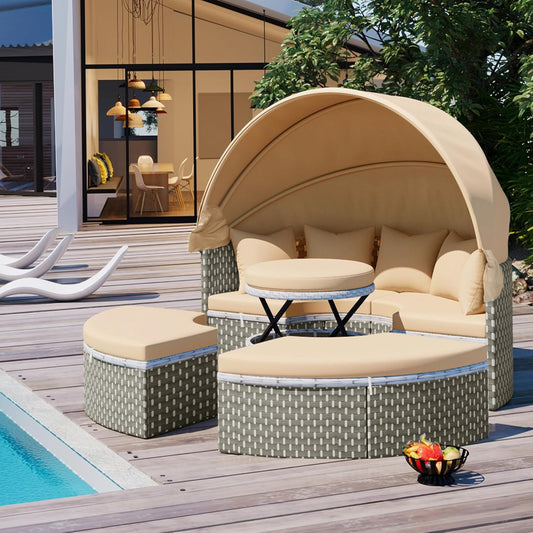 kevinplus Outdoor Daybed Patio Sunbed Round Sectional Sofa Couch Set with Retractable Canopy & Lift-Top Coffee Table, PE Rattan Material for Garden Backyard, Light Coffee