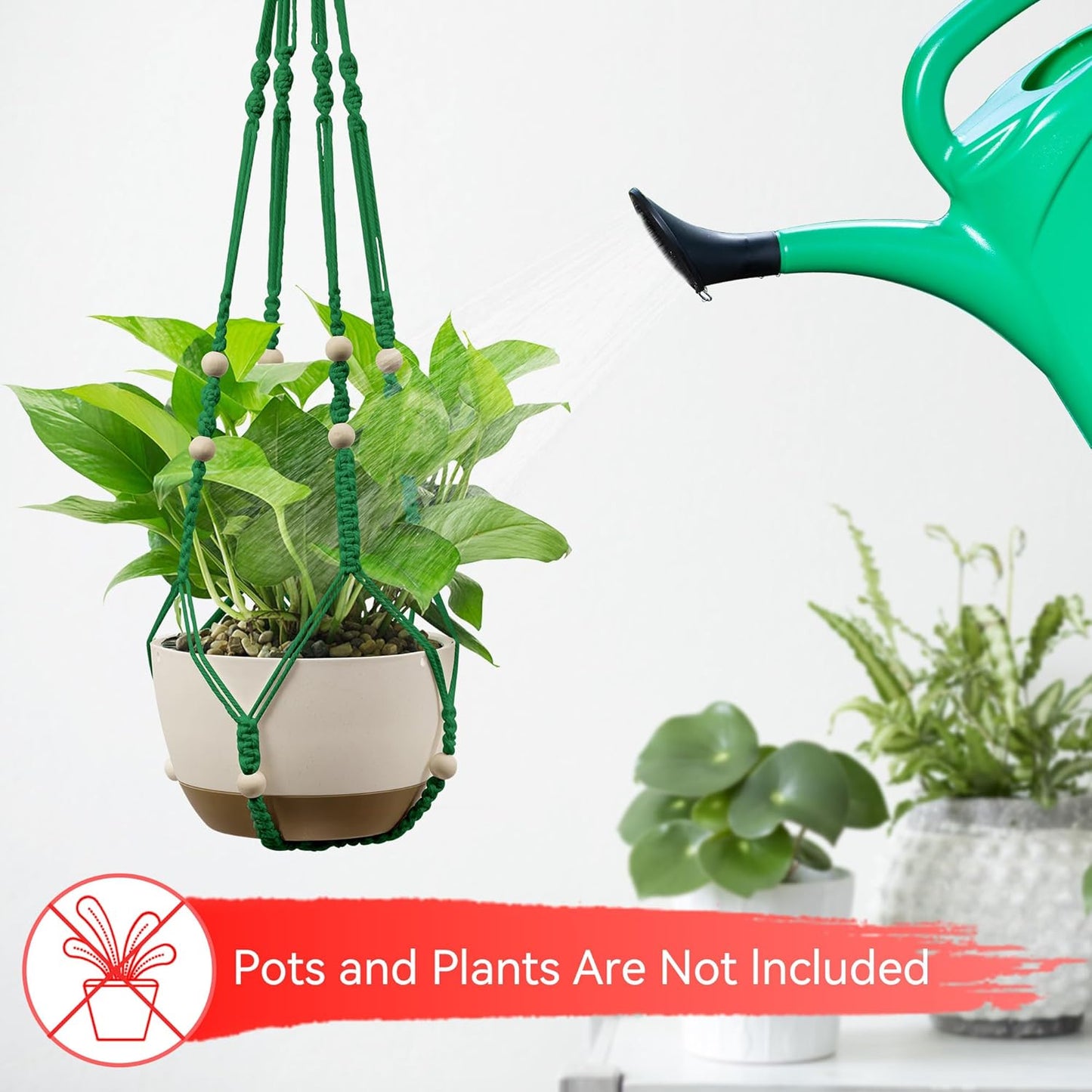 USLAI Macrame Plant Hanger Indoor Outdoor, Up to 4-15 inch Pot, Heavy 20lb Planters, Extra Long Strong Hanging Planter Basket Holder, Boho Home Decor, 35+72 Inch, Green (POTS NOT Included)
