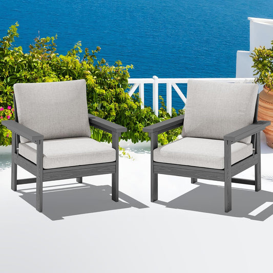 SERWALL Outdoor Patio Sofa Set, 2-Piece HDPE Single Seat Outdoor Sofa Chair with Padded Cushions, Gray Frame with Beige Cushion