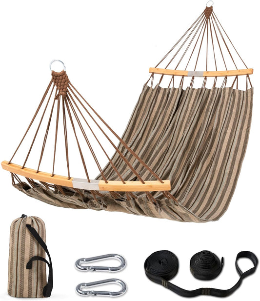 SUNCREAT Hammocks Double Hammock with Curved Spreader Bar, Outdoor Camping Portable Hammock with Carrying Bag & Tree Straps for Patio, Backyard, Balcony, Max 450lbs Capacity, Brown