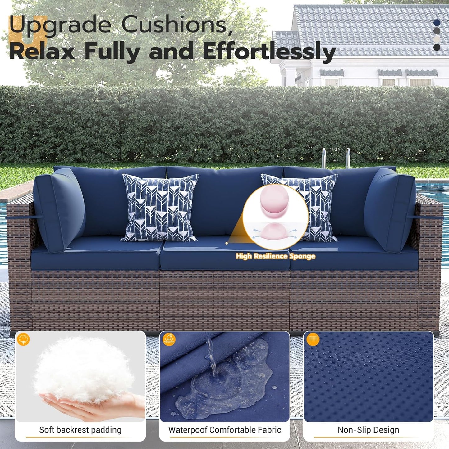 UDPATIO Patio Furniture Set, 5 Piece Outdoor Sectional Modular Sofa with 4'' Thickened Cushions, Wicker Outdoor Furniture Conversation Sets with Waterproof Cover for Deck Backyard(Brown/Navy Blue)