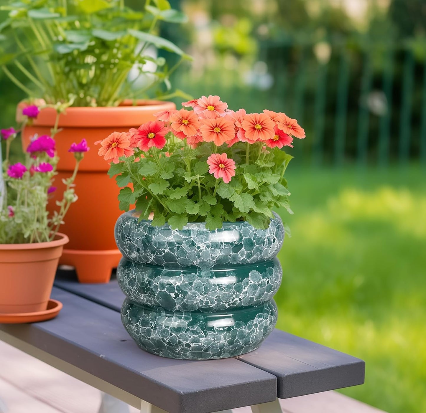 SQOWL 8 Inch Pot for Plants Indoor - Ceramic Planter Medium Plant Pot with Drainage Hole Round Flower Pot Outdoor Mid-Century Planter for Entry Way Table Home Decor Green