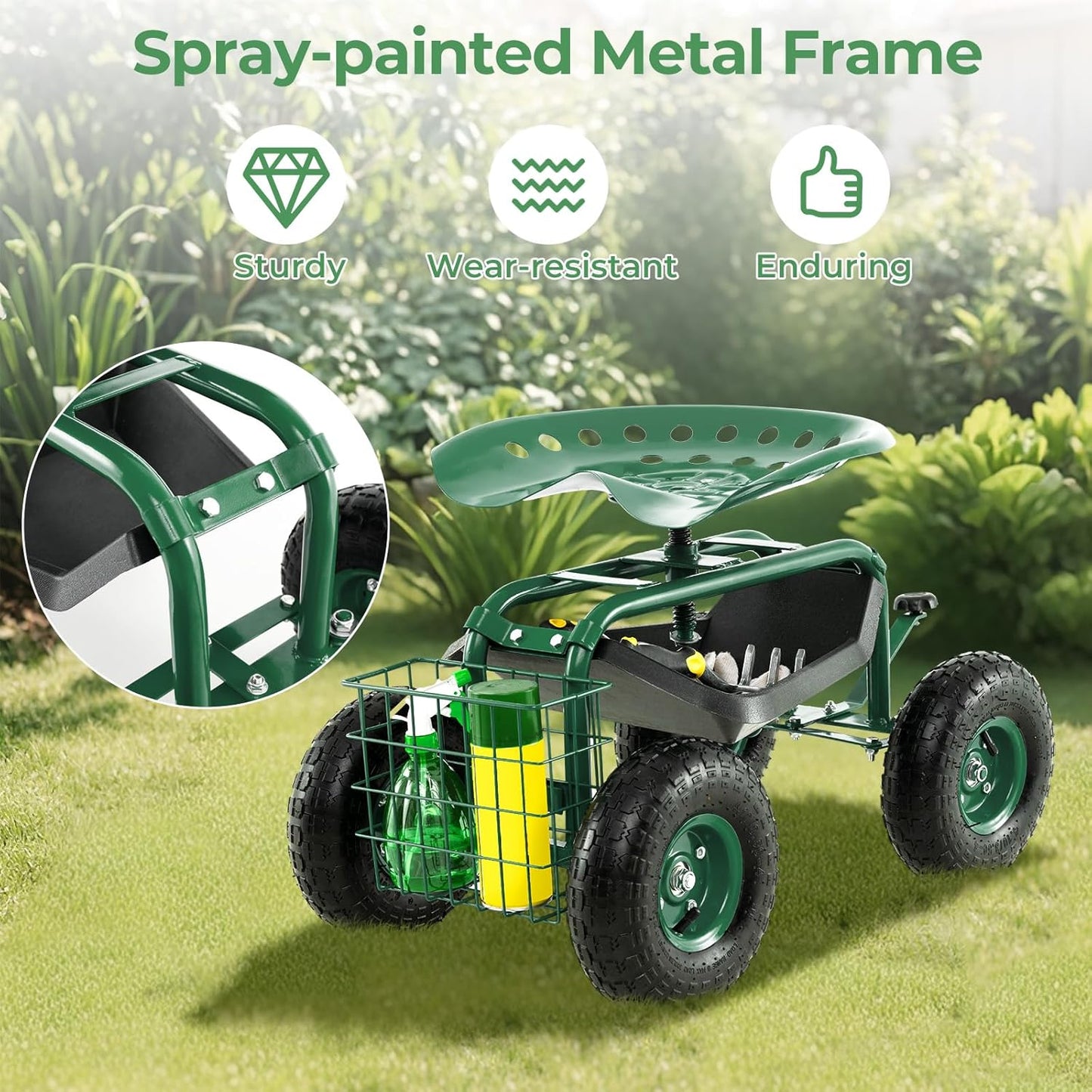 S AFSTAR Rolling Garden Cart, Wagon Scooter with 360° Swivel Seat, Storage Tray, Basket & Rubber Wheels, Heavy-Duty Gardening Tool Cart for Weeding, Patio & Yard (Green)