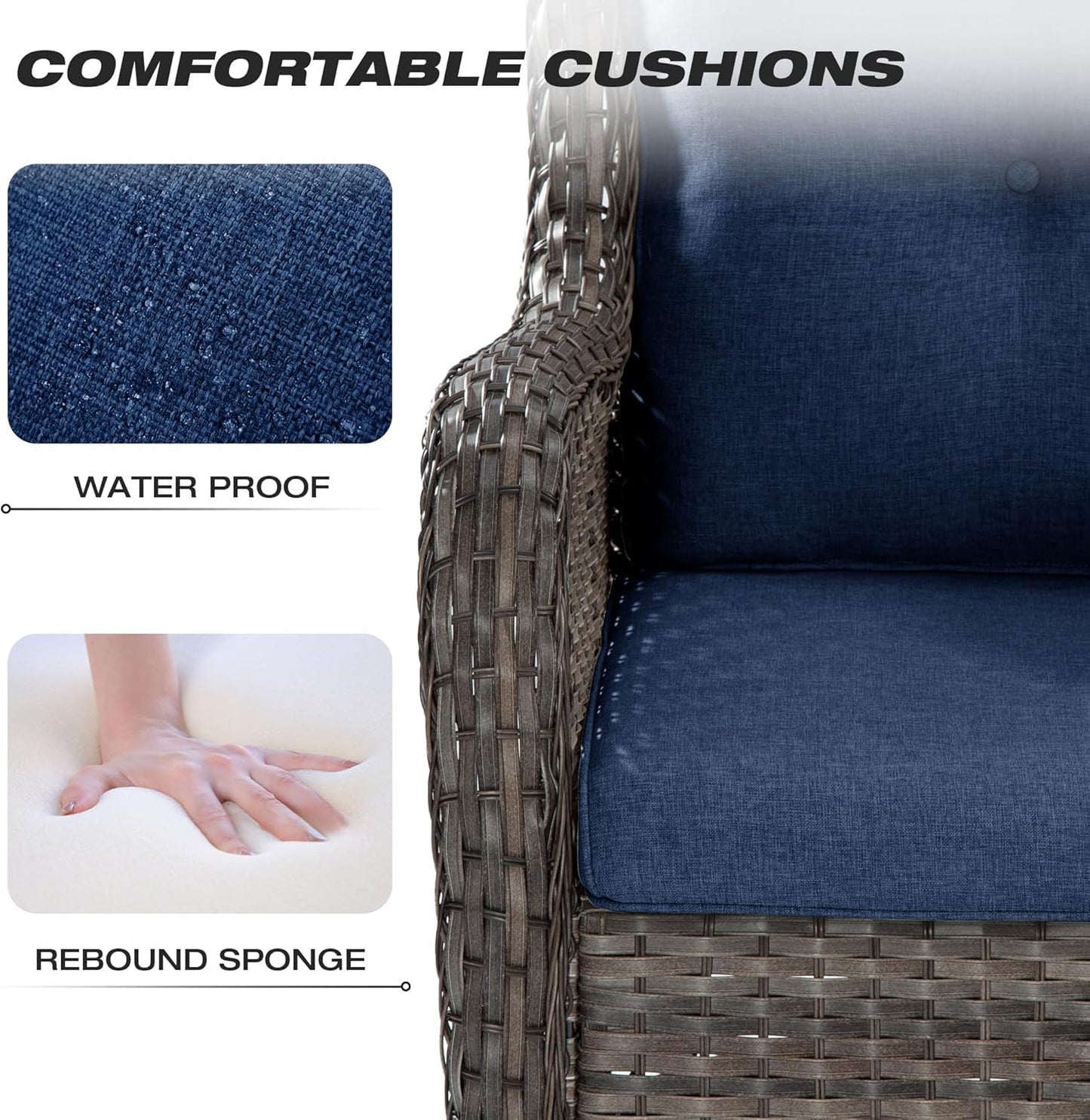Joyside 5 Piece Outdoor Patio Furniture Set Wicker Conversation Bistro Set Swivel Rocking Chairs with Side Table and Ottomans for Backyard, Porch, Deck(Mixed Grey/Blue)