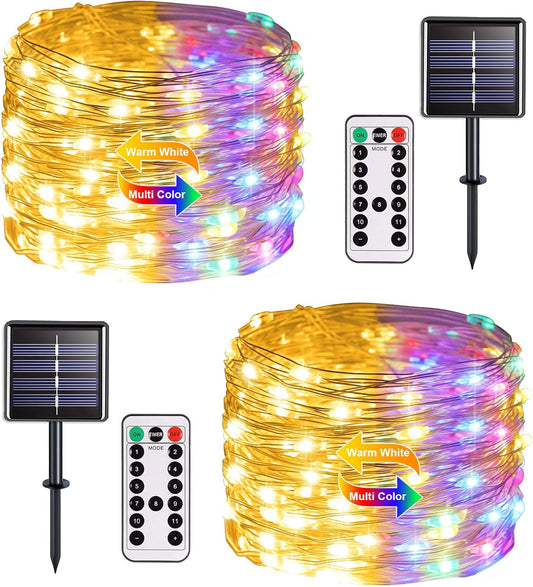 JMEXSUSS 2 Pack Solar Christmas Lights Outdoor Waterproof, 100 LED 33ft Warm White and Multicolor Color Changing Solar Fairy Lights, Copper Wire Solar String Lights for Outside Christmas Decorations