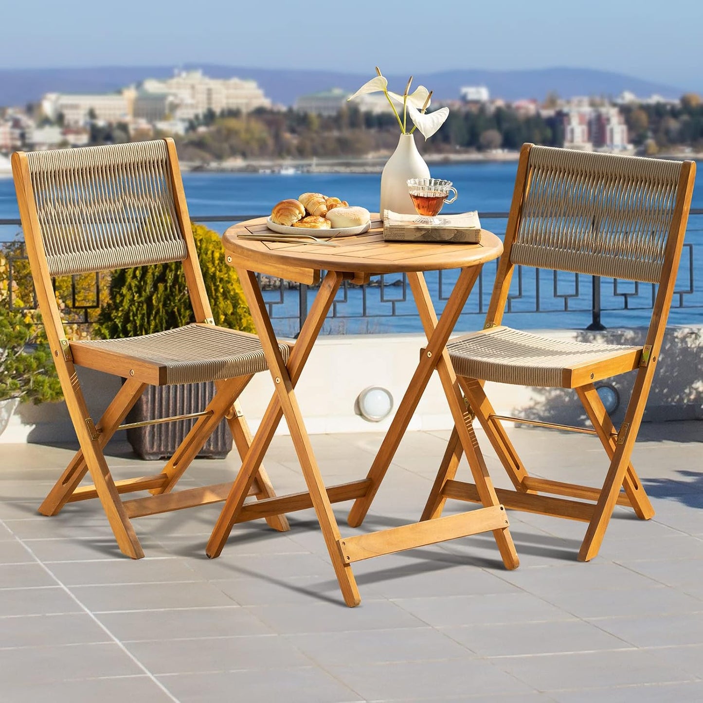IDZO Wood Rope Design Heavy Duty 400lbs Capacity Patio Bistro Set 3 Piece Outdoor, Folding Chairs with Elegant