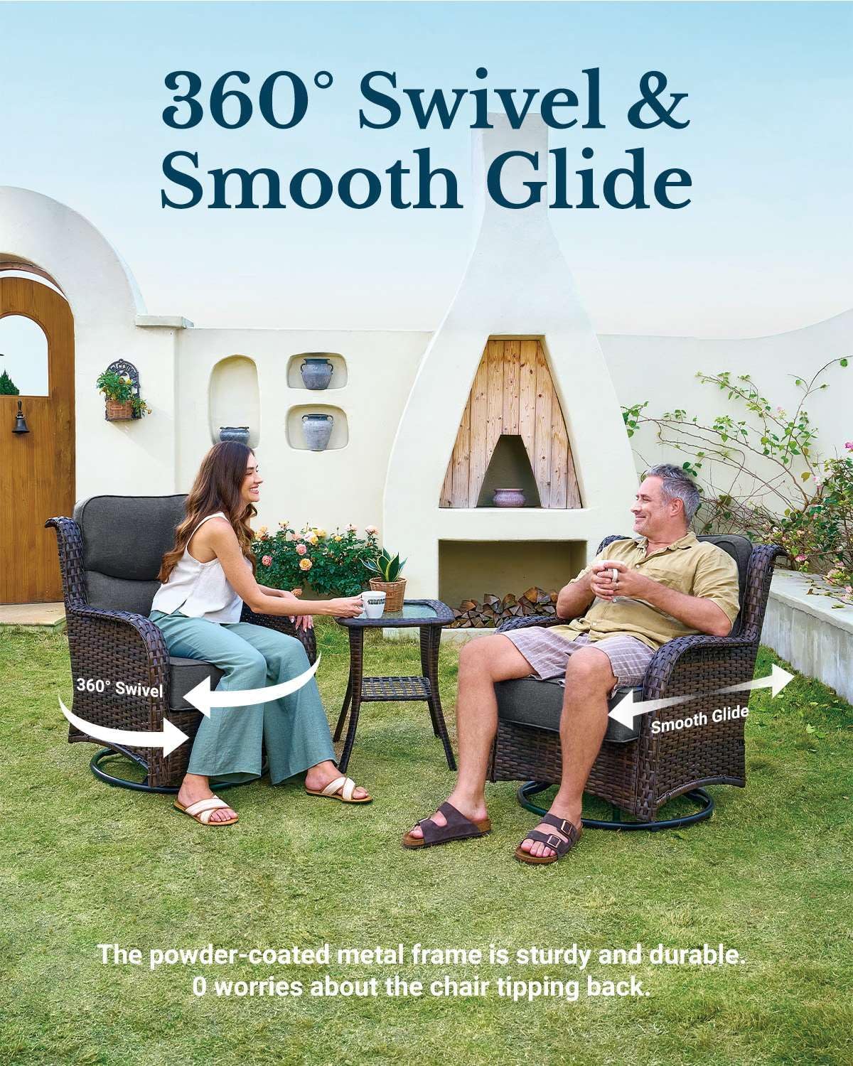 HILLGA Luxury Patio Furniture Set with 6-Inch Thick Cushions, High Back Outdoor Swivel Rocker Chairs and Ottoman, 5-Piece All Weather Conversation Set for Porch Deck Balcony Yard, Dark Grey (V3)