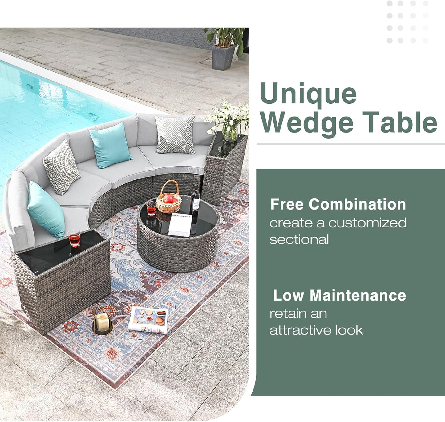 SUNSITT Outdoor Patio Furniture Sectional 7-Piece Half-Moon Curved Outdoor Sofa Set with Round Coffee Table, 4 Pillows & Waterproof Cover, Grey Rattan & Light Grey Cushion