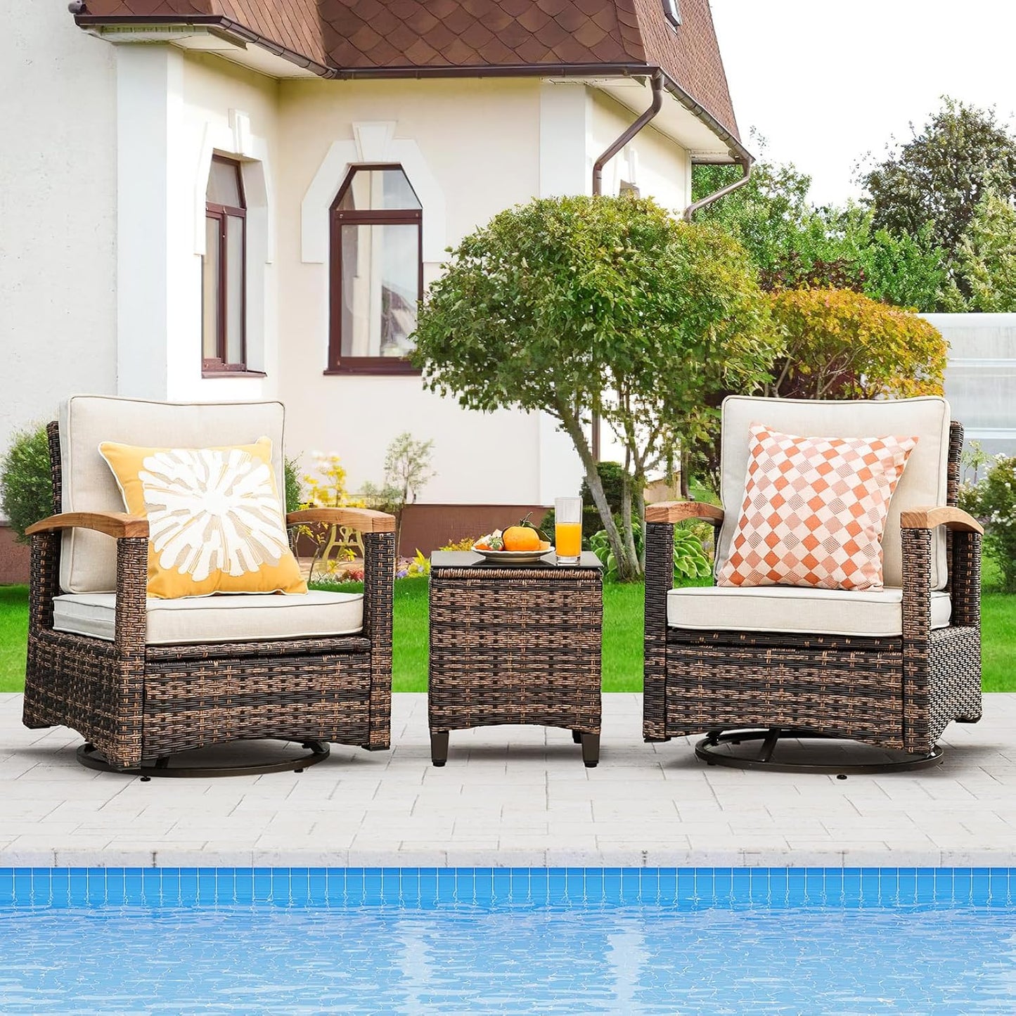 3 Piece Outdoor Swivel Rocker(Brown)