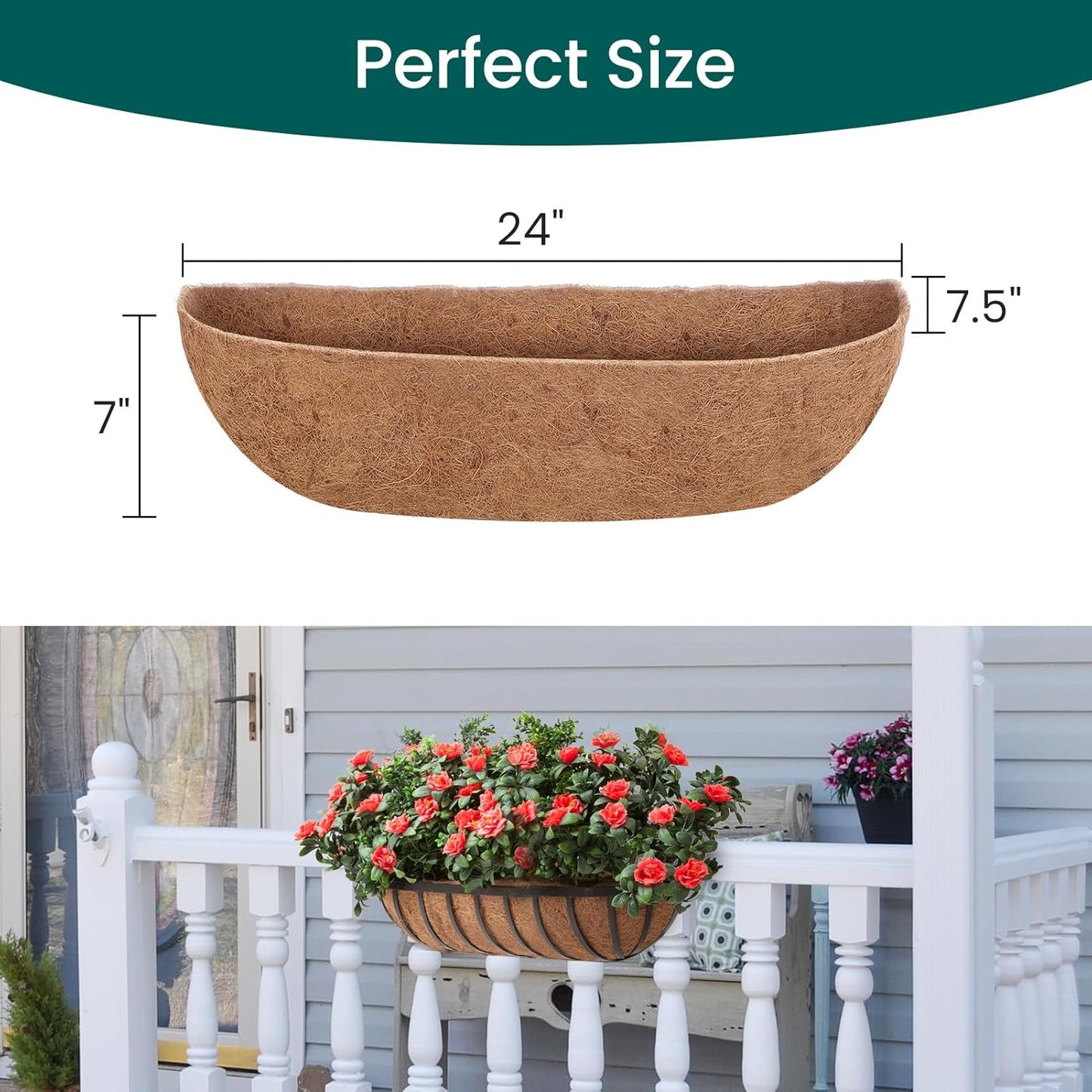 4 Packs 24 inch Hanging Basket Liner Trough Coco Coir Liner for Planter Replaceable Natural Coconut Fiber for Hanging Baskets Window Box Garden Fence Flower Pots Outdoor Indoor (4Pcs 24 inch)