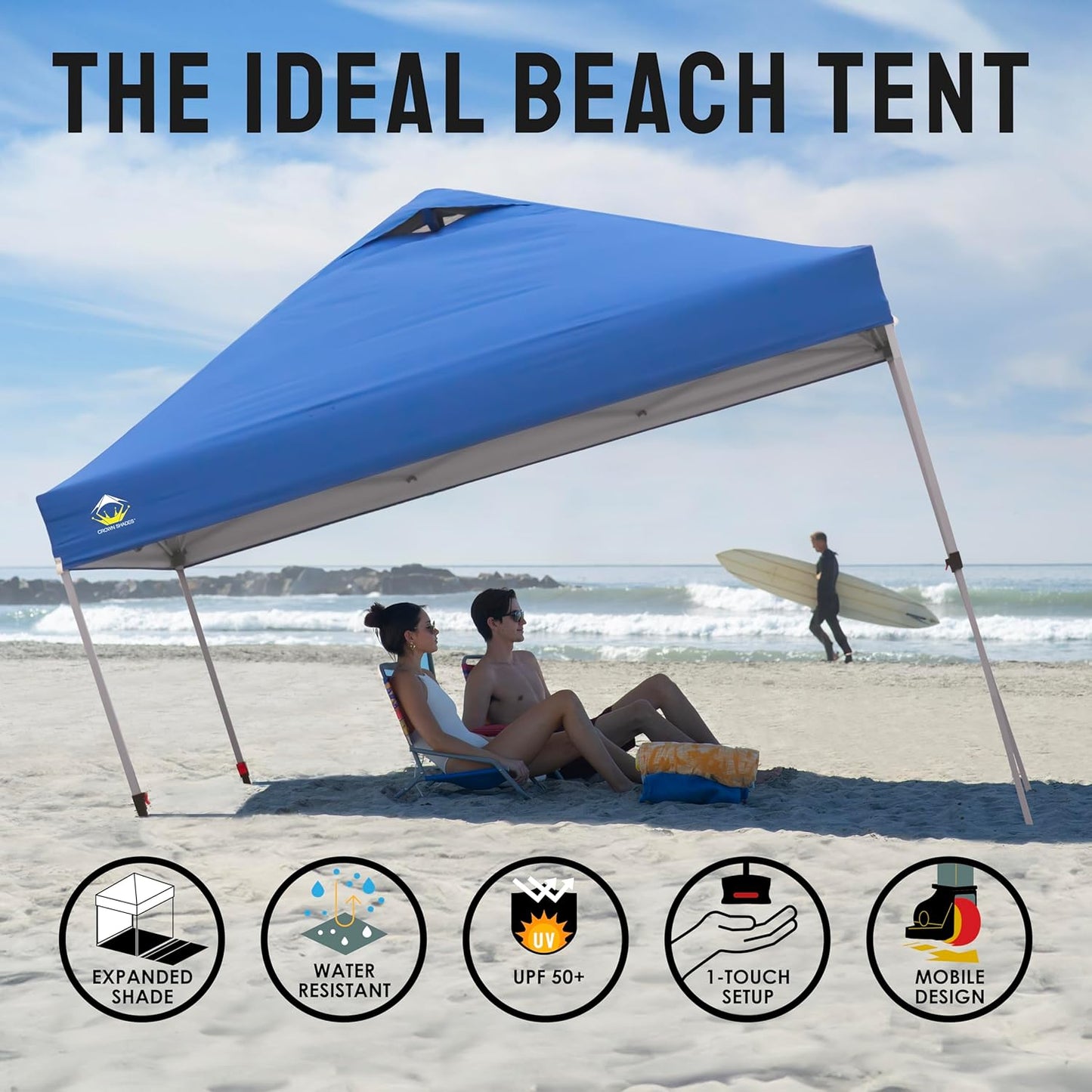 CROWN SHADES 10x10 Pop Up Canopy - Beach Tent with One Push Setup - Easy Outdoor Sun Shade for Events, Parties, Camping - Gazebo with STO-N-Go Cover Bag, Silver Coated Top, Cyan Blue Stripes