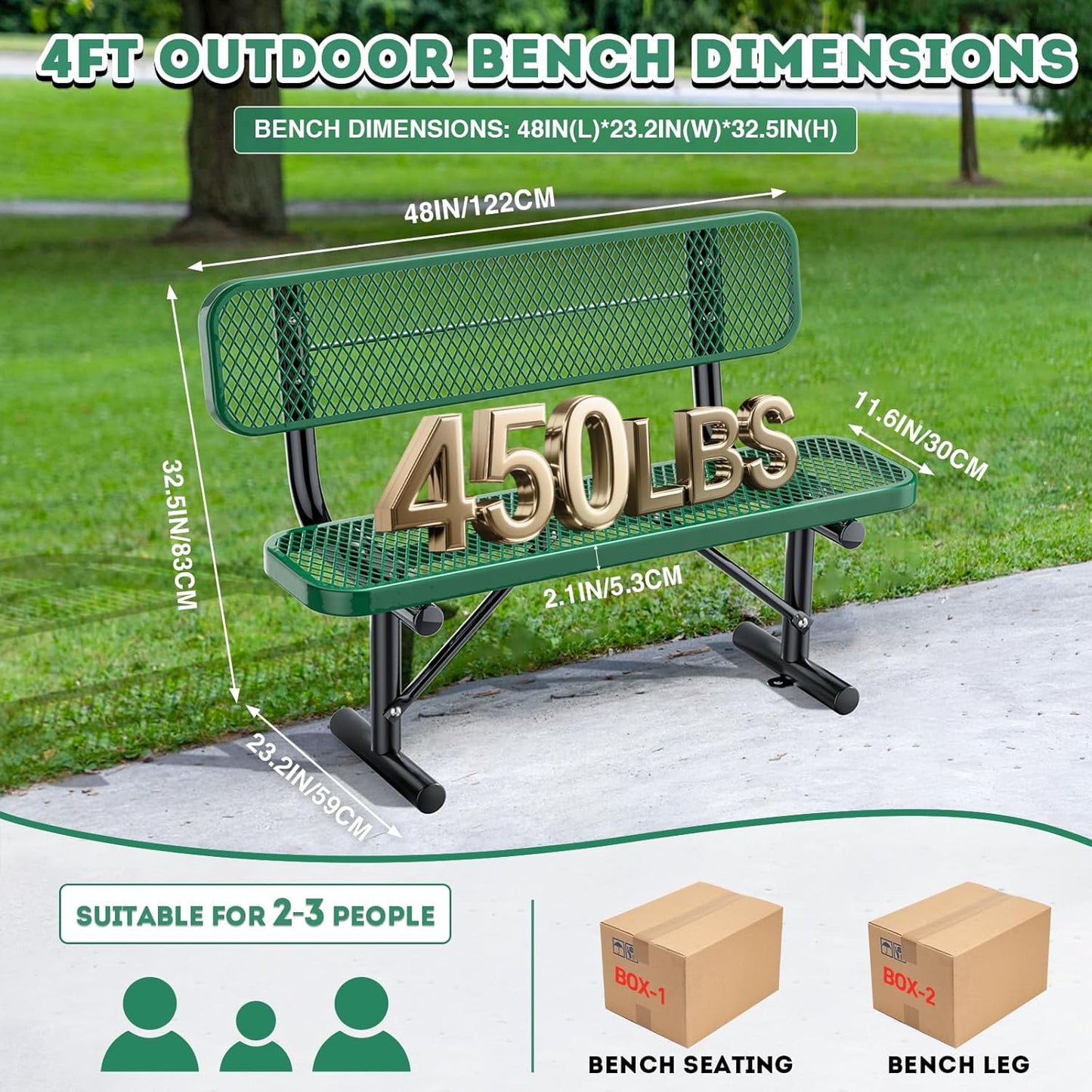 4Ft Outdoor Bench with Back Portable Frame, Outdoor Steel Park Bench with Backrest, Expanded Metal Mesh Bench for Outside, Lawn, Backyard, Park, Deck, Garden, Patio, Porch, Green