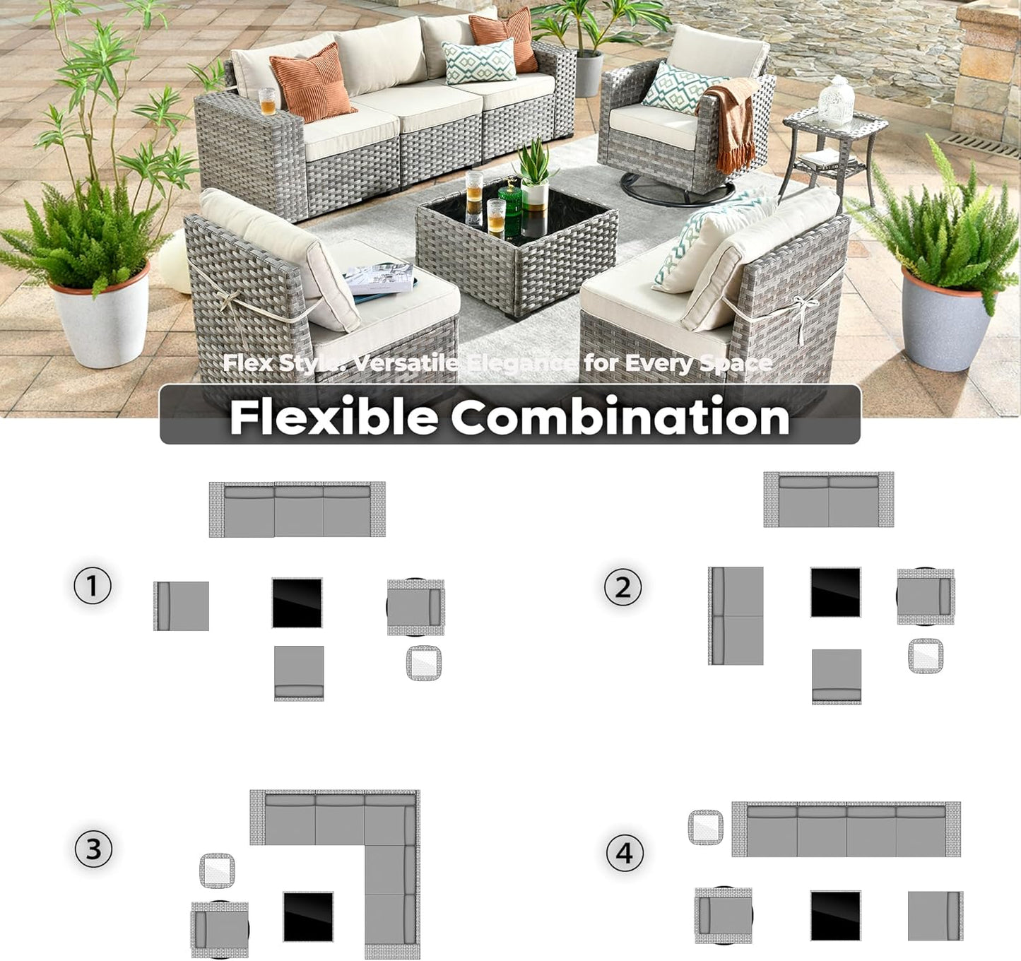 ovios 8 Pieces Patio Furniture Set, Outdoor Wicker Sectional Sofa with Swivel Chair Coffee Table, Modern Modular Deep Seat Rattan Couch Conversation Sets, Beige