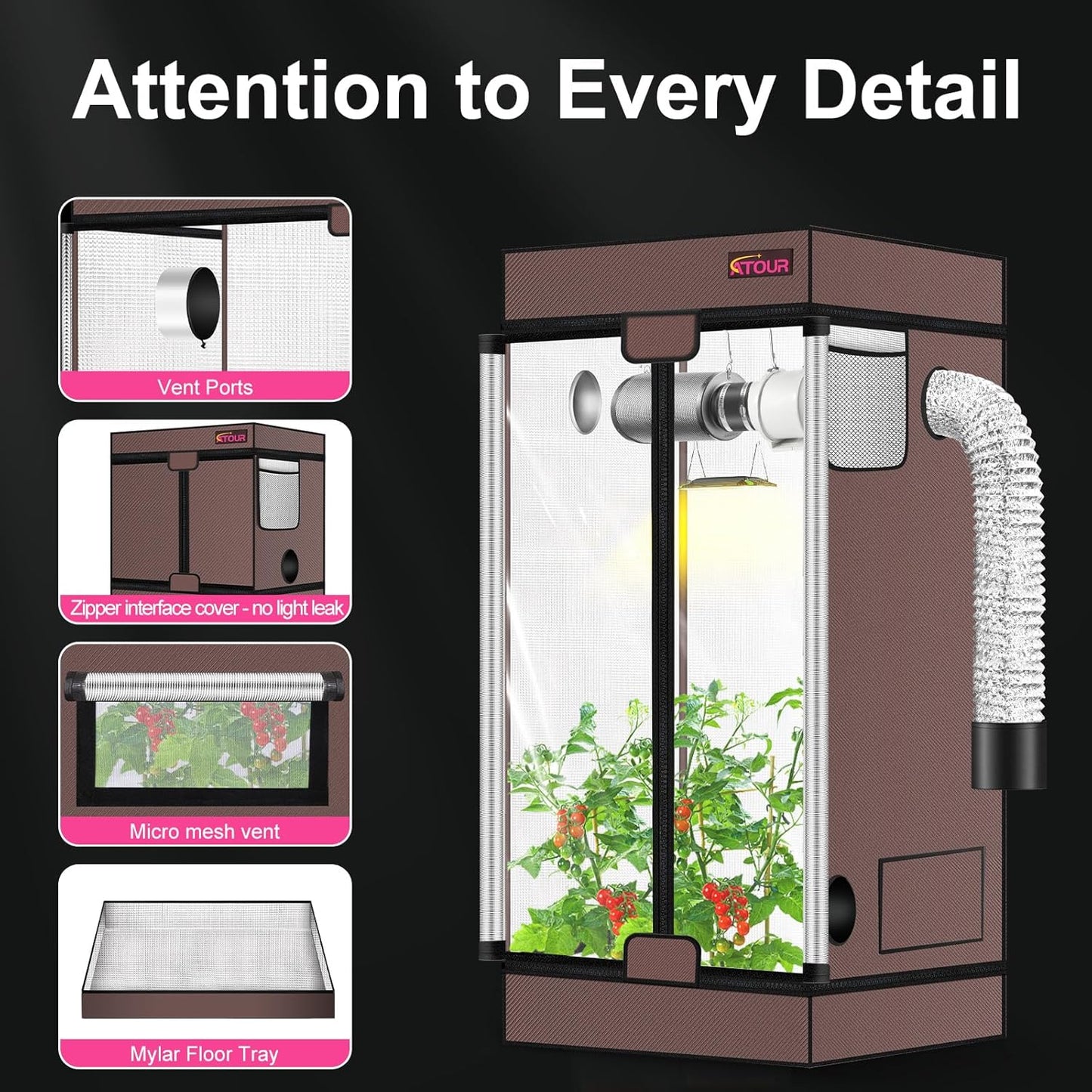 ATOUR 2x2 Grow Tent, 24"x24"x55''High Reflective Mylar 1680D Hydroponic Grow Tents, Waterproof Grow Tent with Double Cleart Observation Door and Floor Tray, for Indoor Plant Growing
