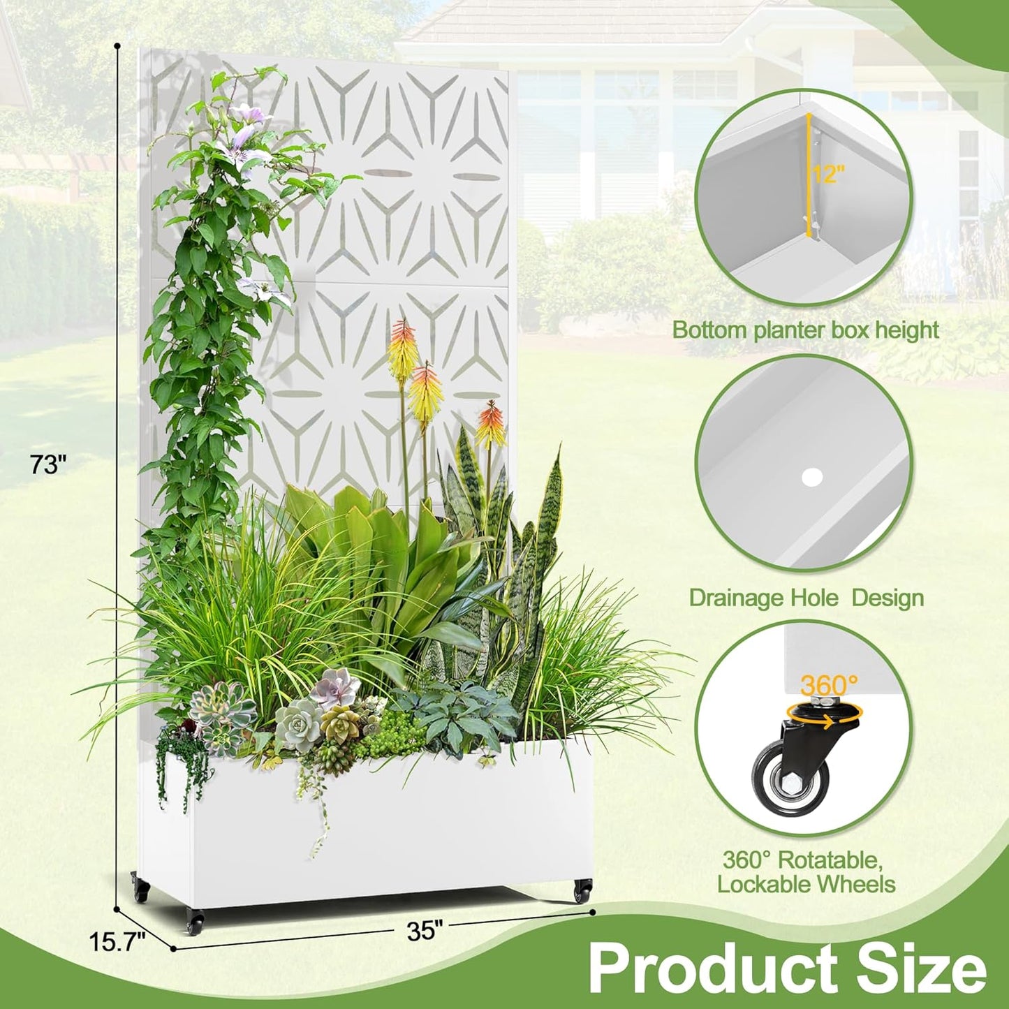 Raised Garden Bed with Trellis and Wheels,73"x35"x16" Metal Raised Garden Bed,White Star Metal Planter with Climbing Trellis for Vines & Vegetables