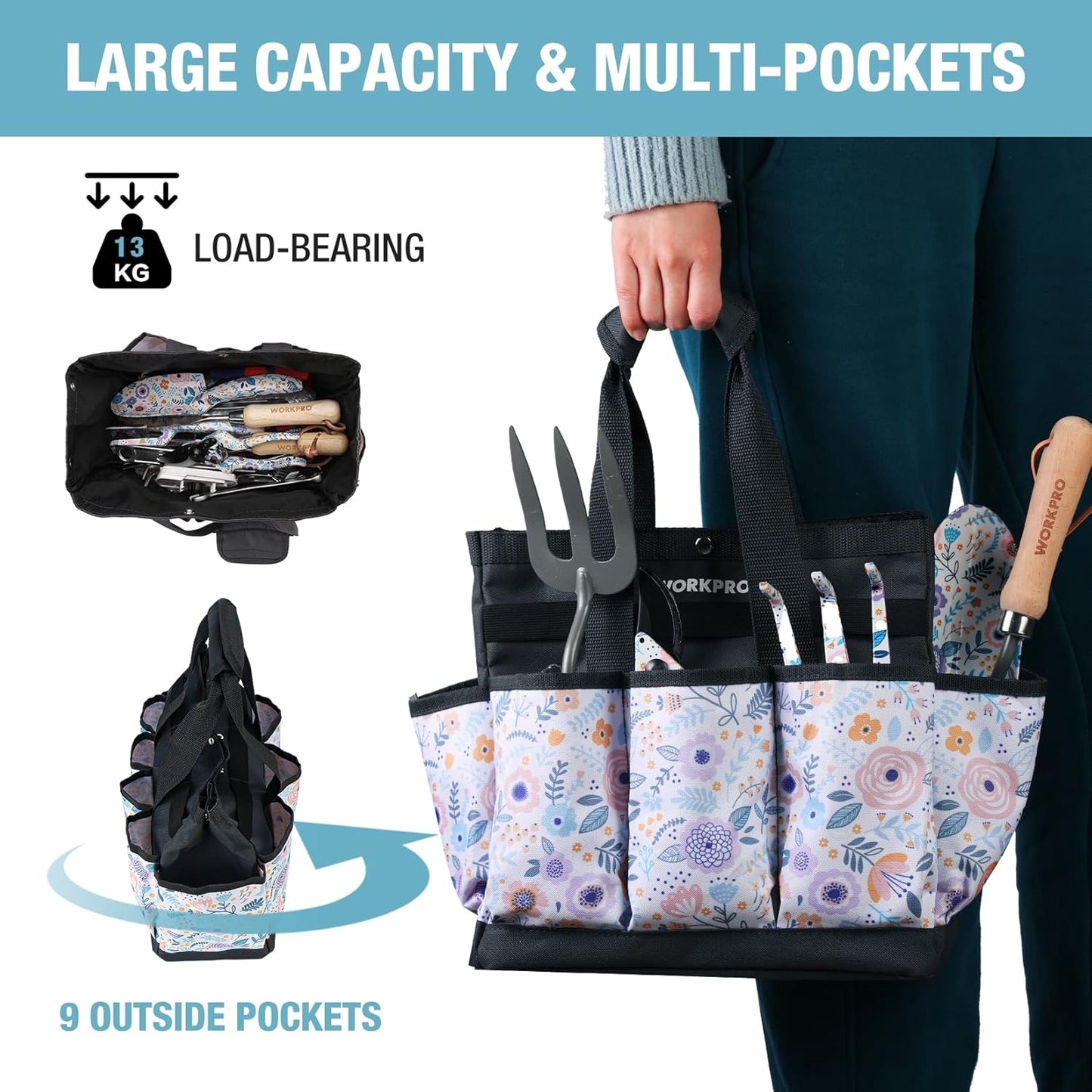 WORKPRO Garden Tool Bag, 9 Pockets Gardening Bag, Heavy Duty Oxford Garden Tote Caddy (Tools NOT Included), 12" x 12" x 6" (Floral White)