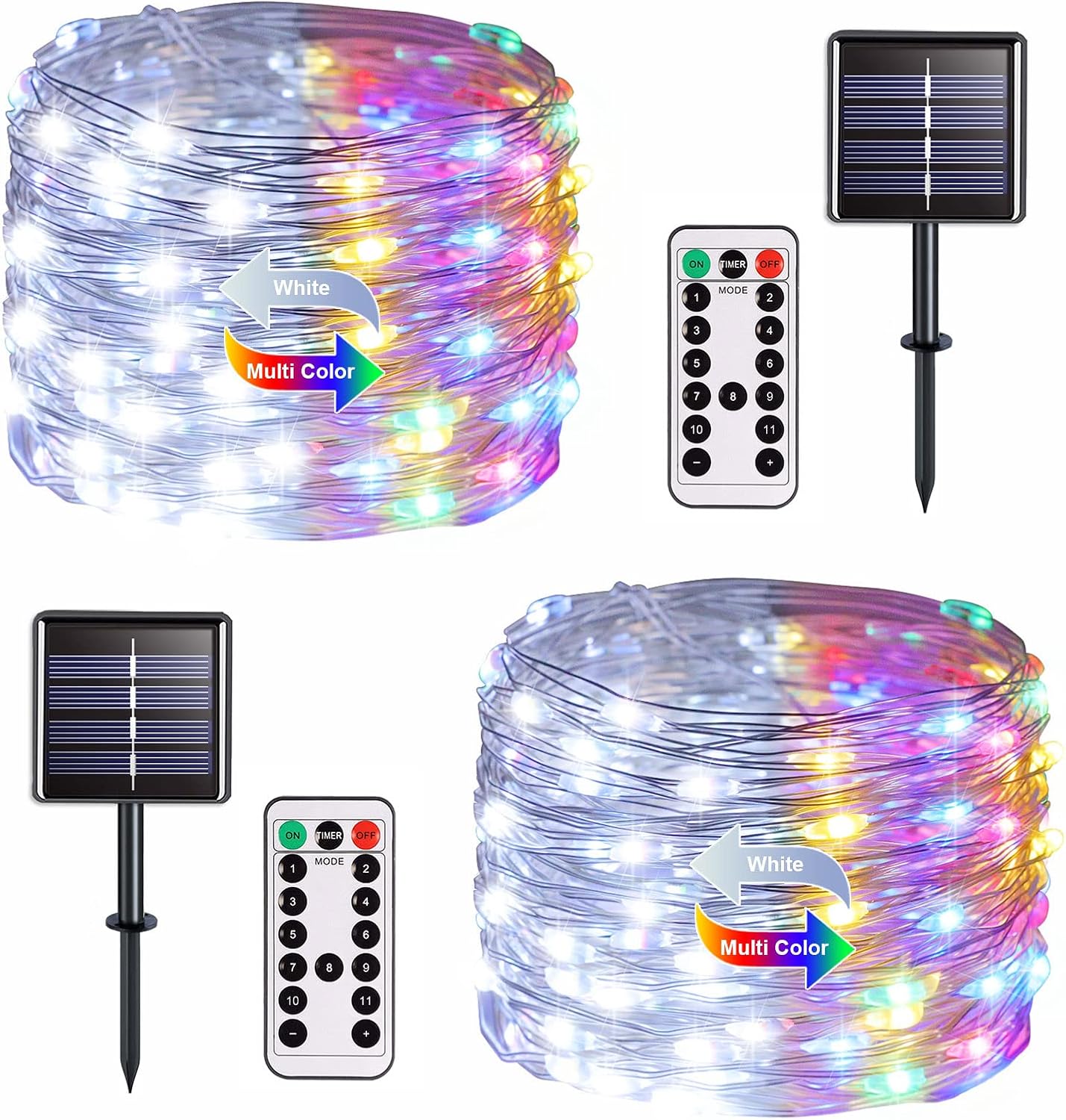 JMEXSUSS 2 Pack Solar Christmas Lights Outdoor Waterproof, 100 LED 33ft White and Multicolor Color Changing Solar Fairy Lights, Copper Wire Solar String Lights for Outside Yard Christmas Decorations