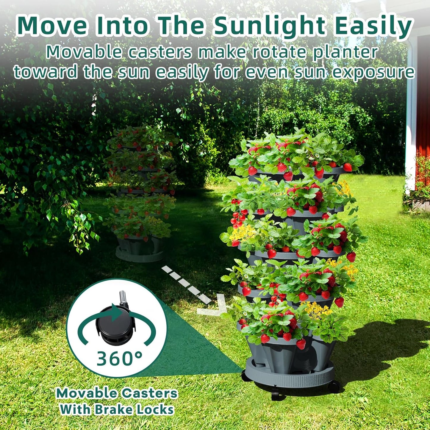 Strawberry Vertical Planters Tower Garden, 5 Tiered Stacking Planter with Support Pole, Stackable Herb Vegetable Planters Indoor and Outdoor - Dark Grey