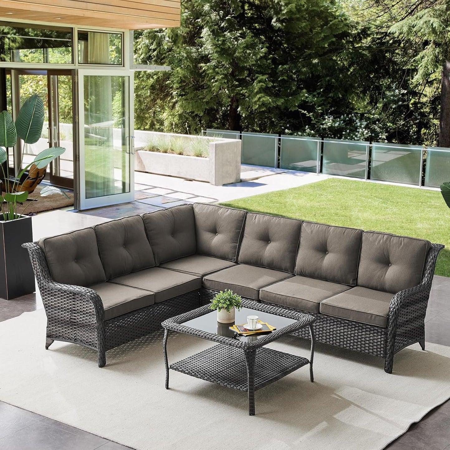 Outdoor Furniture Sectional Sofa L Shaped Couch - Patio Wicker Furniture Set with Coffee Table, 3 Piece Rattan Patio Conversation Sets with Gray Cushion for Deck Backyard Sunroom