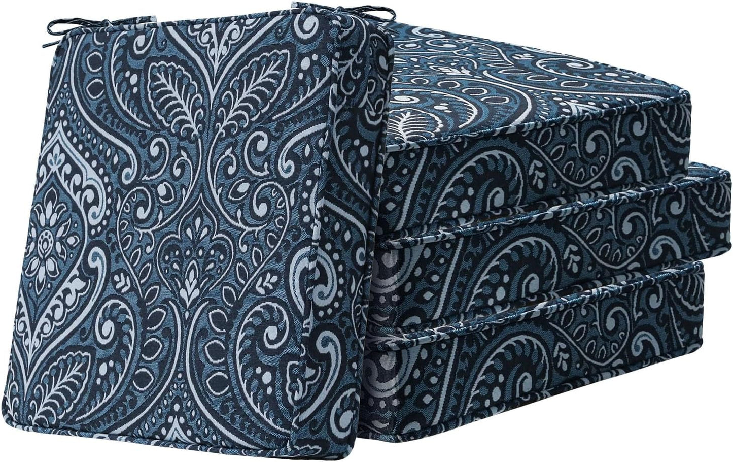 Square Corner Seat Cushions, 18.5" x 16" x 3", Set of 4, Indoor Outdoor Water Repellent Universal Chair Pads with Ties for Patio Furniture, Garden Deck Dining Chairs, Damask Blue Flower