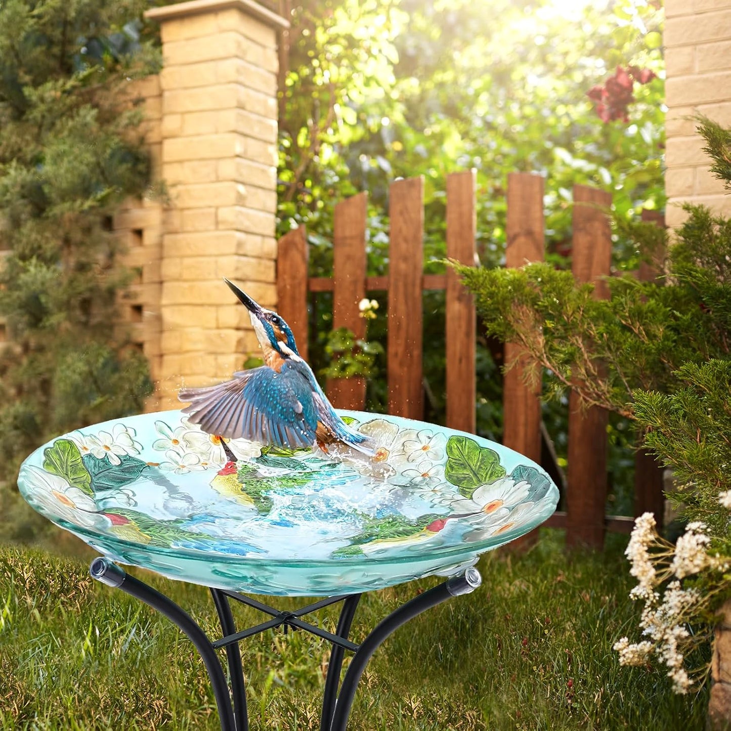VCUTEKA 18" Outdoor Glass Birdbath with Sturdy Metal Stand for Lawn, Yard, or Garden Decor Bird Lovers Gift, Hummingbird Bird Bath Detachable, 22" Height
