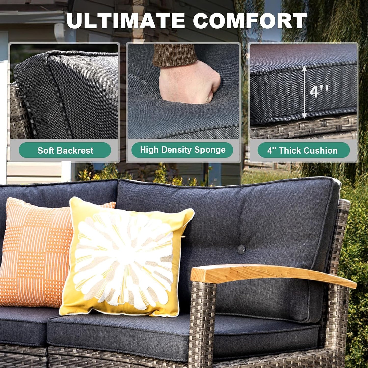 8 Piece Outdoor Patio Furniture Set, Half-Moon Curved Sectional Set with Wood Armrests, 2 Half-Moon Ottomans, Round Table (Grey)