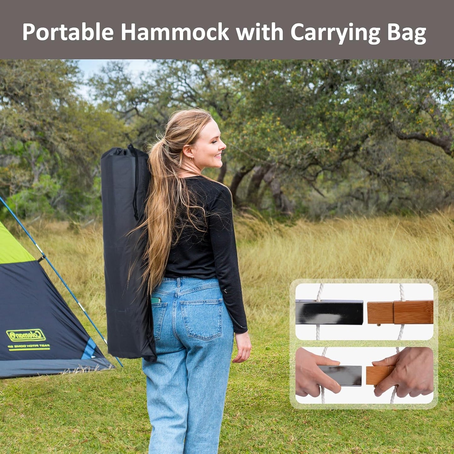 SUNCREAT Hammocks Portable Hammock with Frame, Backyard Double Hammock with Curved Spreader Bar, Brown