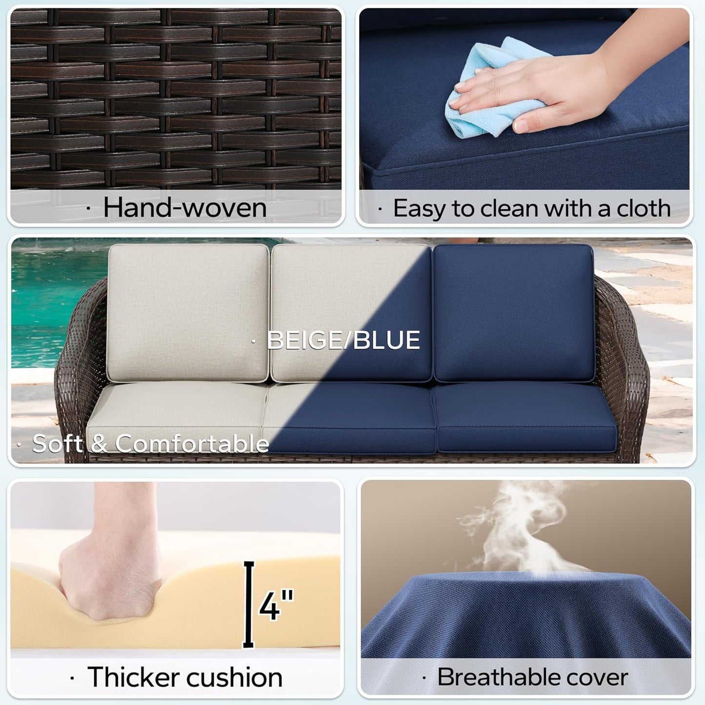 78" Wicker 3-seat Sofa, Outdoor Conversation Furniture, All-Weather Rattan Couch, Steel Frame Couch with Cushions for Garden, Poolside, Porch (Navy Blue)