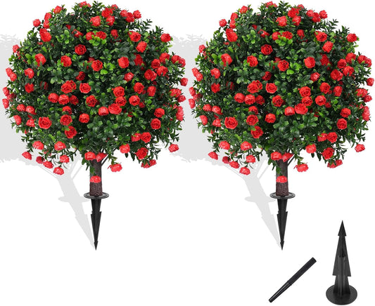 Artificial Boxwood Topiary Tree with Rose, Set of 2 Artificial Shrub Bushes with Ground Spike, Fake Evergreen Tree for Porch, Artificial Plants for Outdoor Planters Indoor UV Resistant