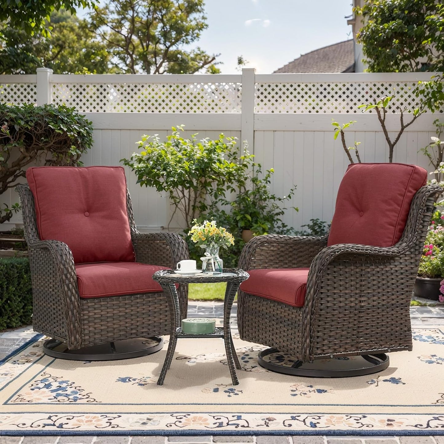 Outdoor Swivel Rocker Patio Chairs - 3 Piece Outdoor Bistro Set Wicker Patio Rocking Chairs Set of 2 with Side Table, 360 Degree Swivel Glider Seating for Porch Balcony Deck Brown/Red