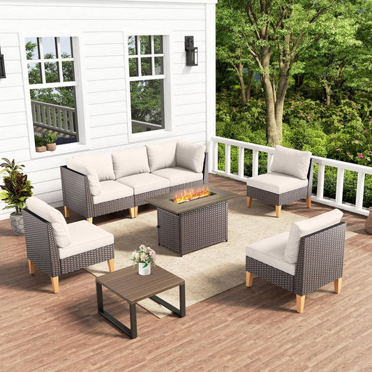 HUMMUH 8 Pieces Patio Furniture Set with Fire Pit,Outdoor Modular Sectional Couch Chairs with Table,All Weather PE Wicker Patio Conversation Sets for Deck Porch Backyard