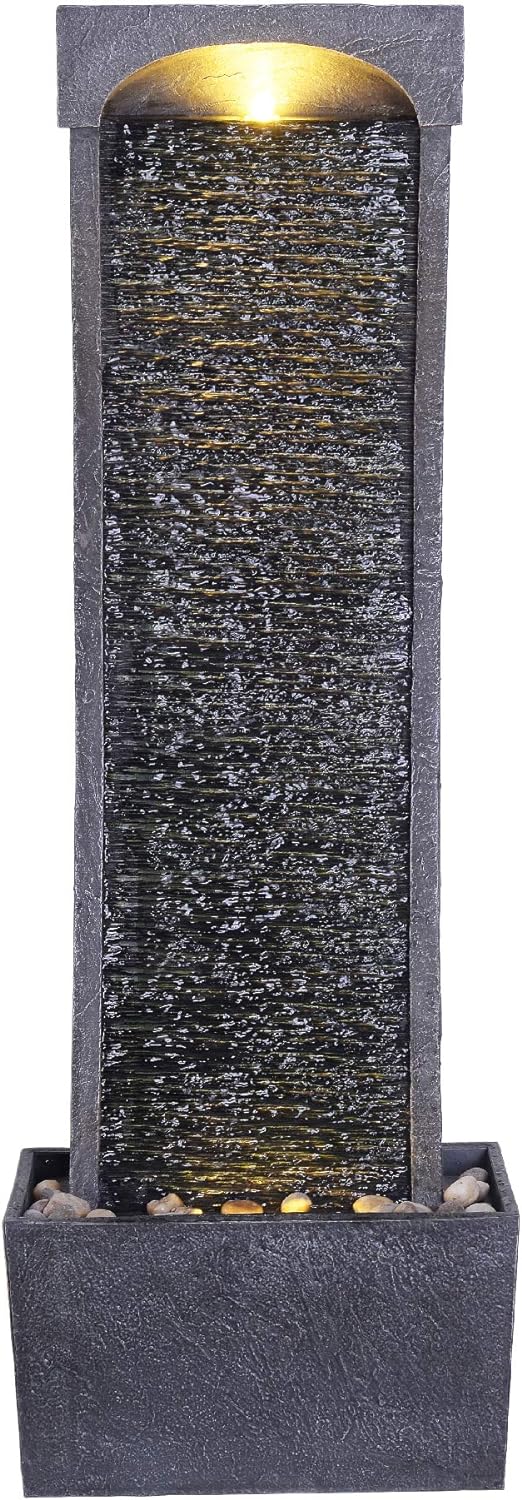 Teamson Home 38.58 in. Modern Curved Faux Slate Waterfall Fountain for Indoors or Outdoors with LED Light Accents and 1.98-Gallon Pump, Black and Stone Gray