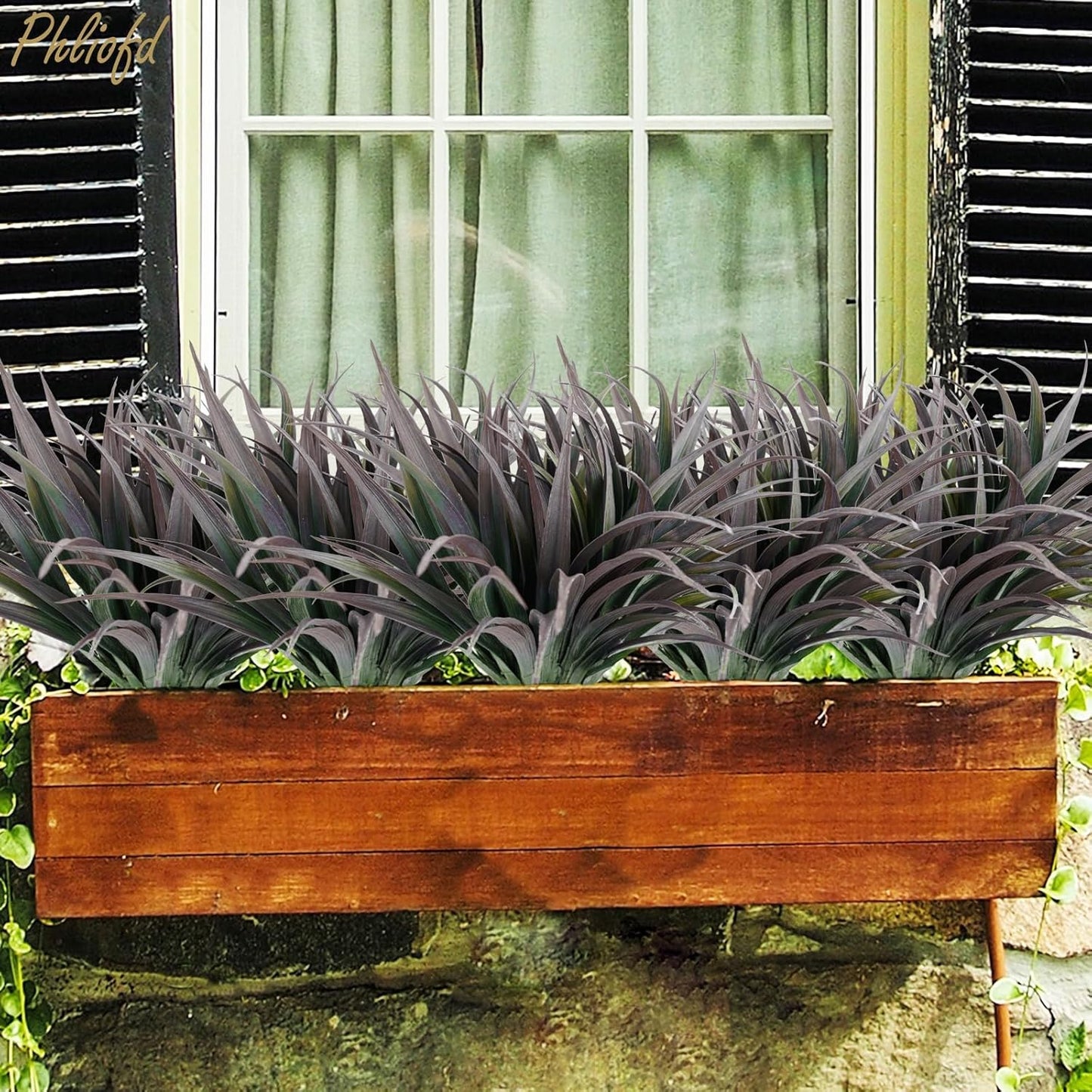 32 Pcs Artificial Grass Fake Plants 17.3in Outdoor Plants UV Resistant Faux Greenery Stems Fake Grass for Home Window Garden Office Patio Pathway Front Porch Halloween Décor Green & Black