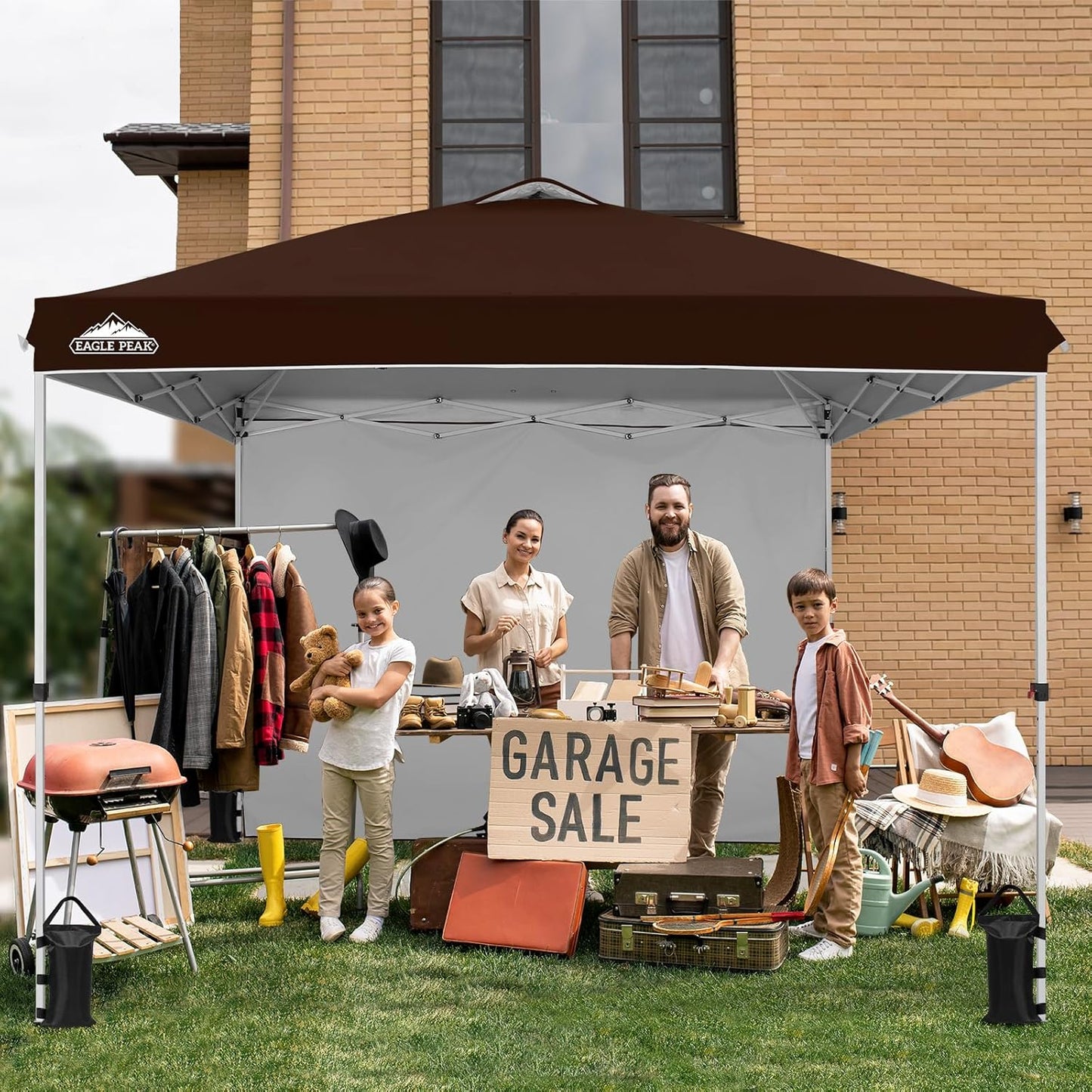 EAGLE PEAK Pop Up Canopy Tent with 1 Sidewall, Easy Setup Event Tent, Outdoor Sun Shade, Wheeled Carry Bag, Stakes and Guy Ropes, Instant Canopy 10x10, Brown