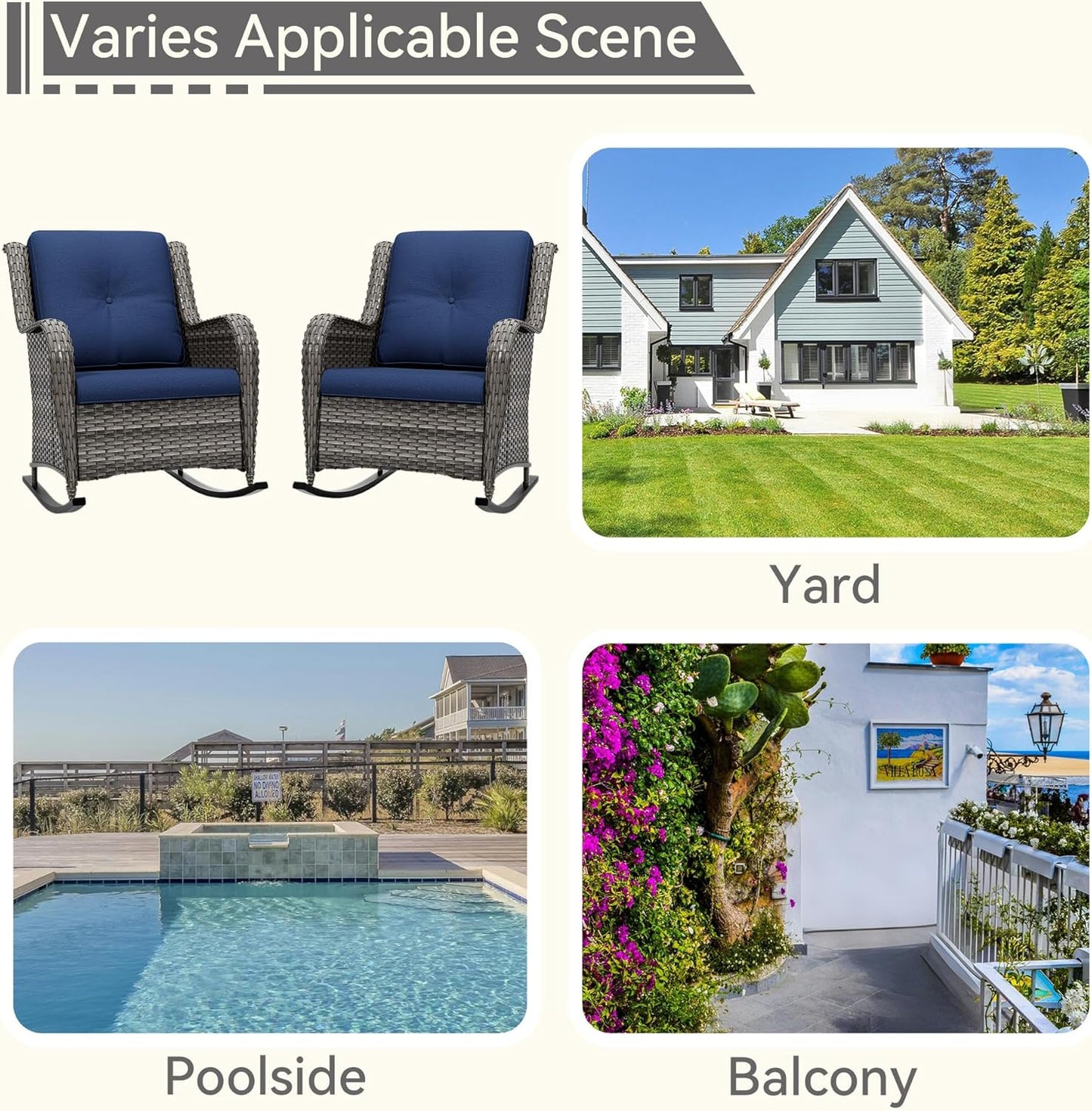 Outdoor Rocking Chair of 2, Wicker Patio Rocker Chair for Yard, Porch, Mixed Brown Grey Rattan, Blue Cushions