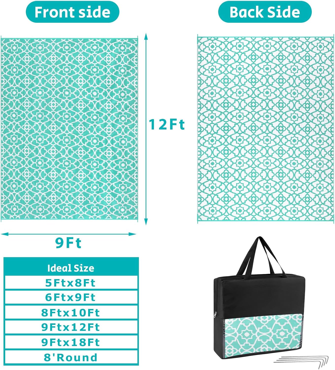 HEBE Outdoor Rug Waterproof 9x12, Reversible Plastic Straw Rug RV Camping Rug, Indoor Outdoor Patio Mat Clearance, Outside Carpet for Porch,Deck,Camper,Balcony,Backyard,Picnic