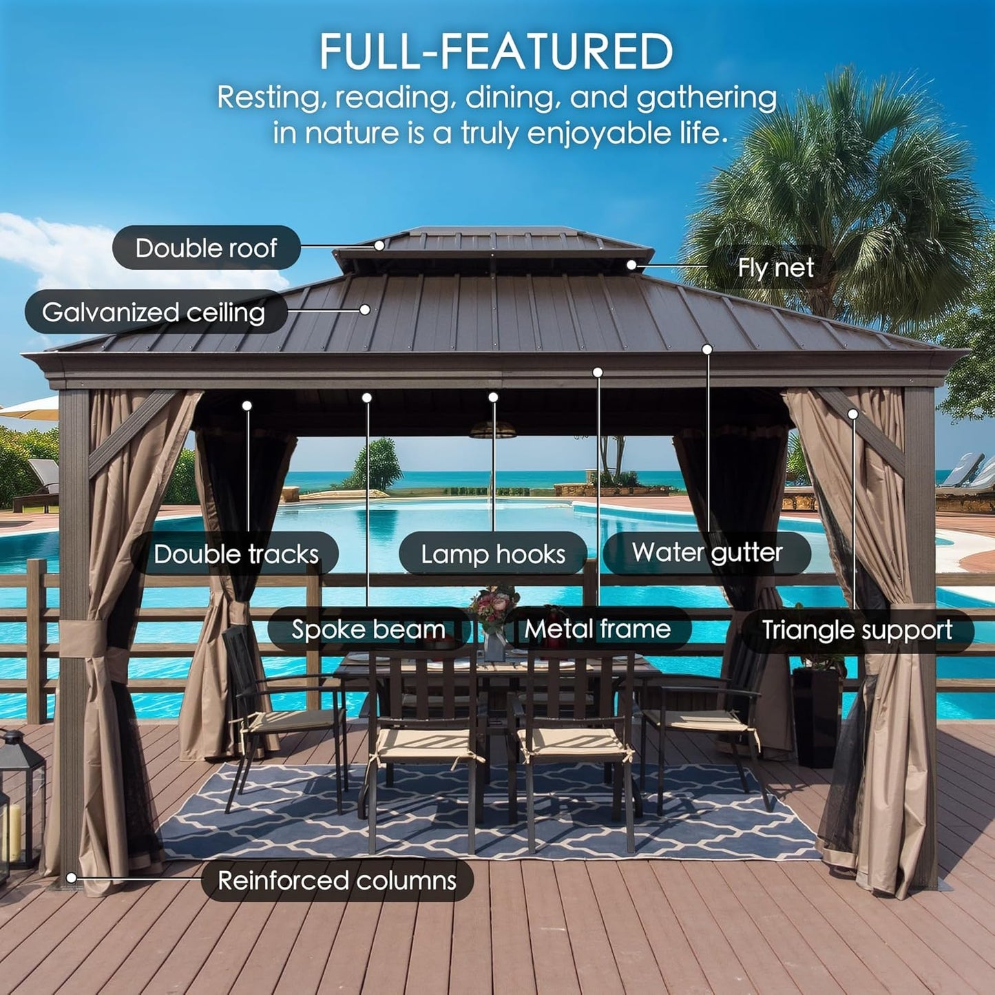 Kozyard Alexander Hardtop Aluminum Permanent Gazebo with a Mosquito Net and Privacy Sidewalls (Alexander 12'x14' (Brown)