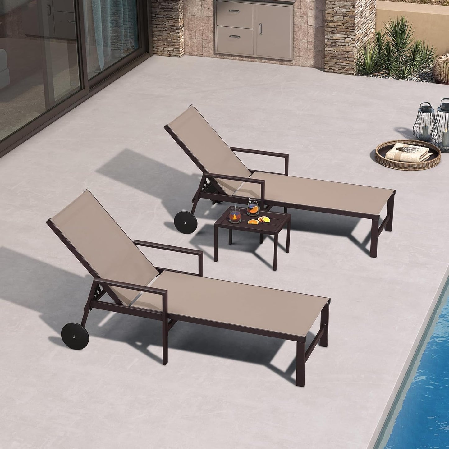 PURPLE LEAF Pool Lounge Chairs Set of 3 Aluminum Outdoor Lounge Chairs with Wheels and Armrests Adjustable Patio for Deck Outside Lawn Garden, Taupe