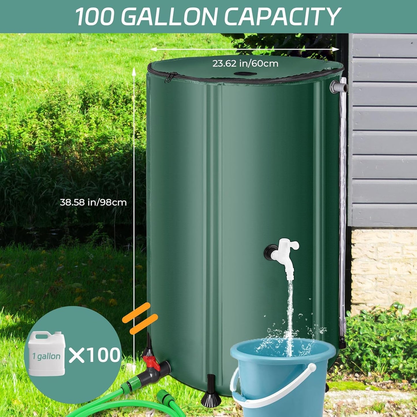 Rain Barrels to Collect Rainwater from Gutter - Rain Collection Barrel Water Barrel Rainwater Collection System Collapsible Rain Barrel Include Filter Two Spigots and Overflow Kit (100 Gallon, Green)