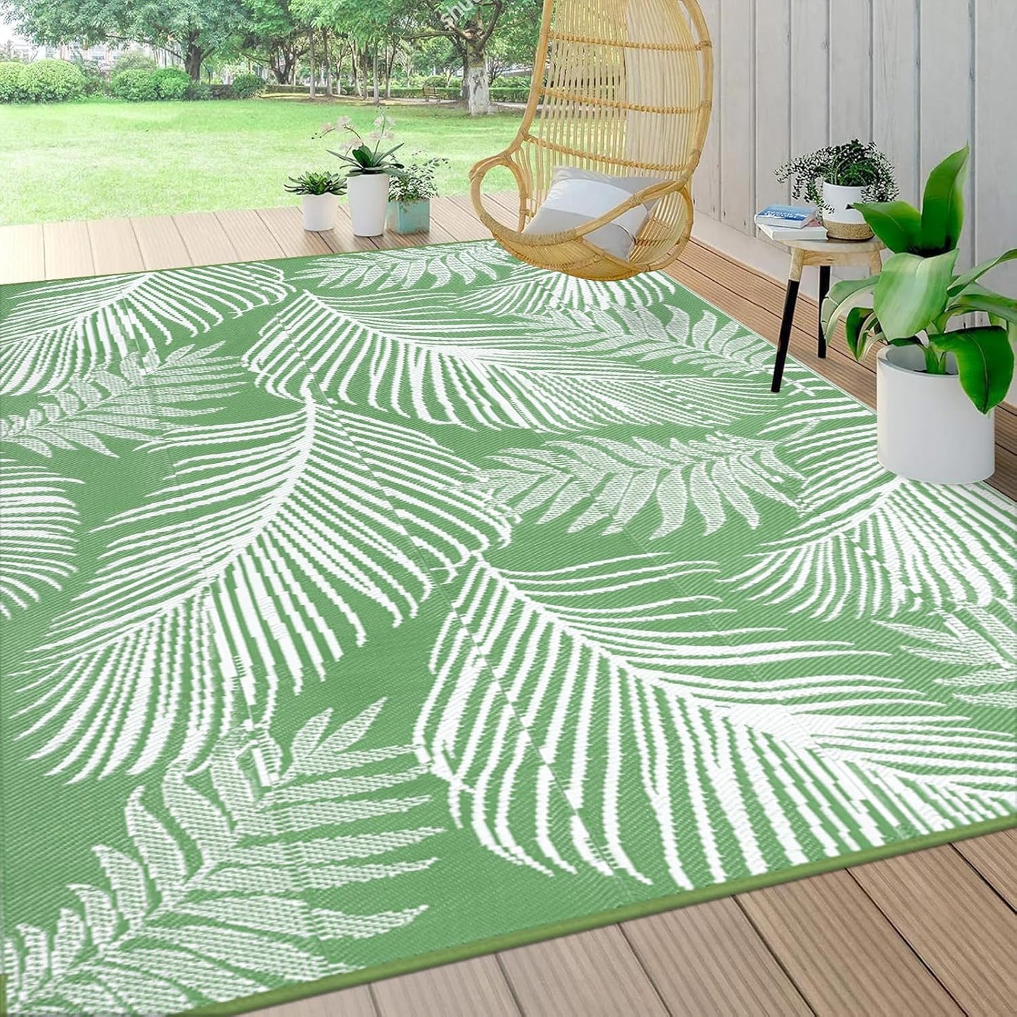 Pauwer Waterproof Outdoor Rug 9x12, Reversible Plastic Straw Patio Camping Rug, Indoor Outdoor RV Mat Carpet for Deck, Camper, Porch, Balcony, Backyard, Picnic, Leaf Green