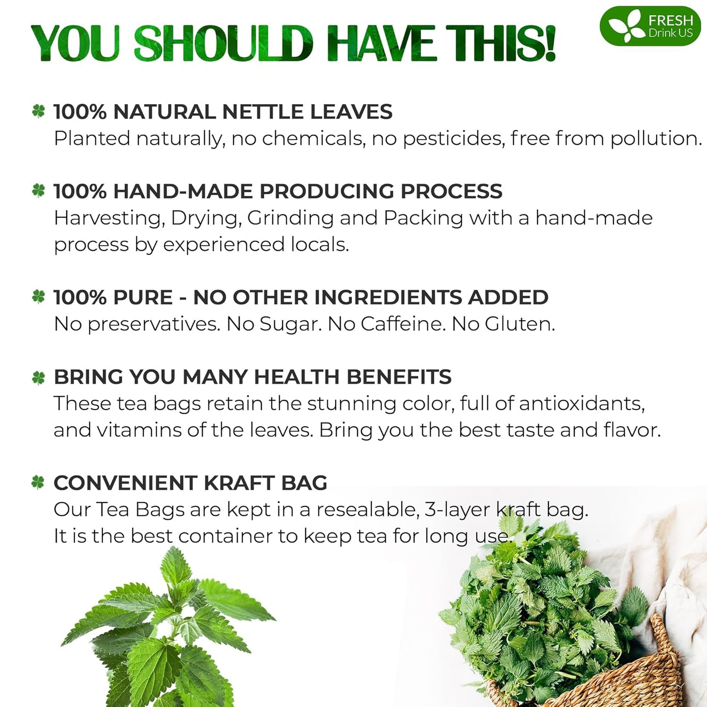 FreshDrinkUS, Premium 135 Nettle Leaf Tea Bags, 100% Natural & Pure, Stinging Nettle Leaf Tea, Nettle Leaf Tea, Burn Nettle, Stinging Nettle, Nettle Tea, Stinger Tea, No Sugar/ Caffeine & Gluten, Vegan