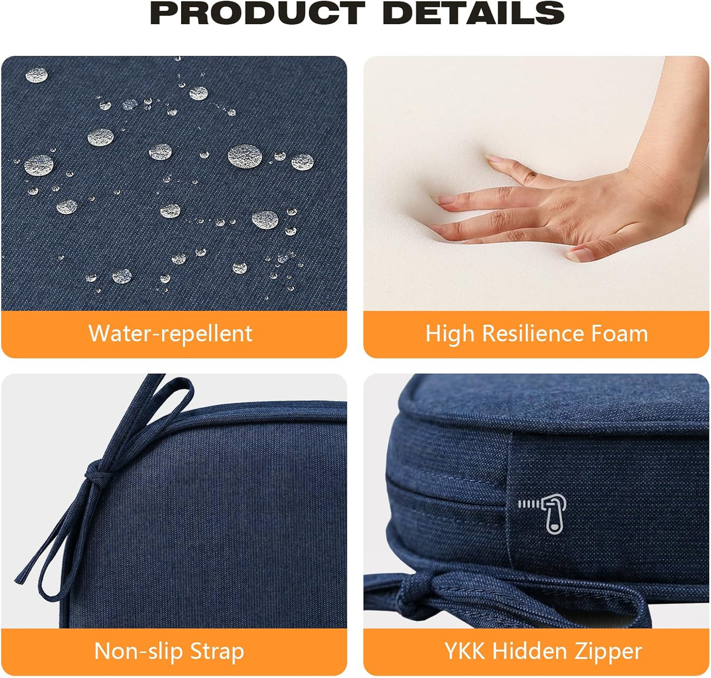 Sunbrella Round Corner Seat Cushions, 17" x 16" x 2", Set of 4, Indoor Outdoor Water Repellent Universal Chair Pads with Ties for Patio Furniture, Garden Dining Chairs, Specrtum Indigo