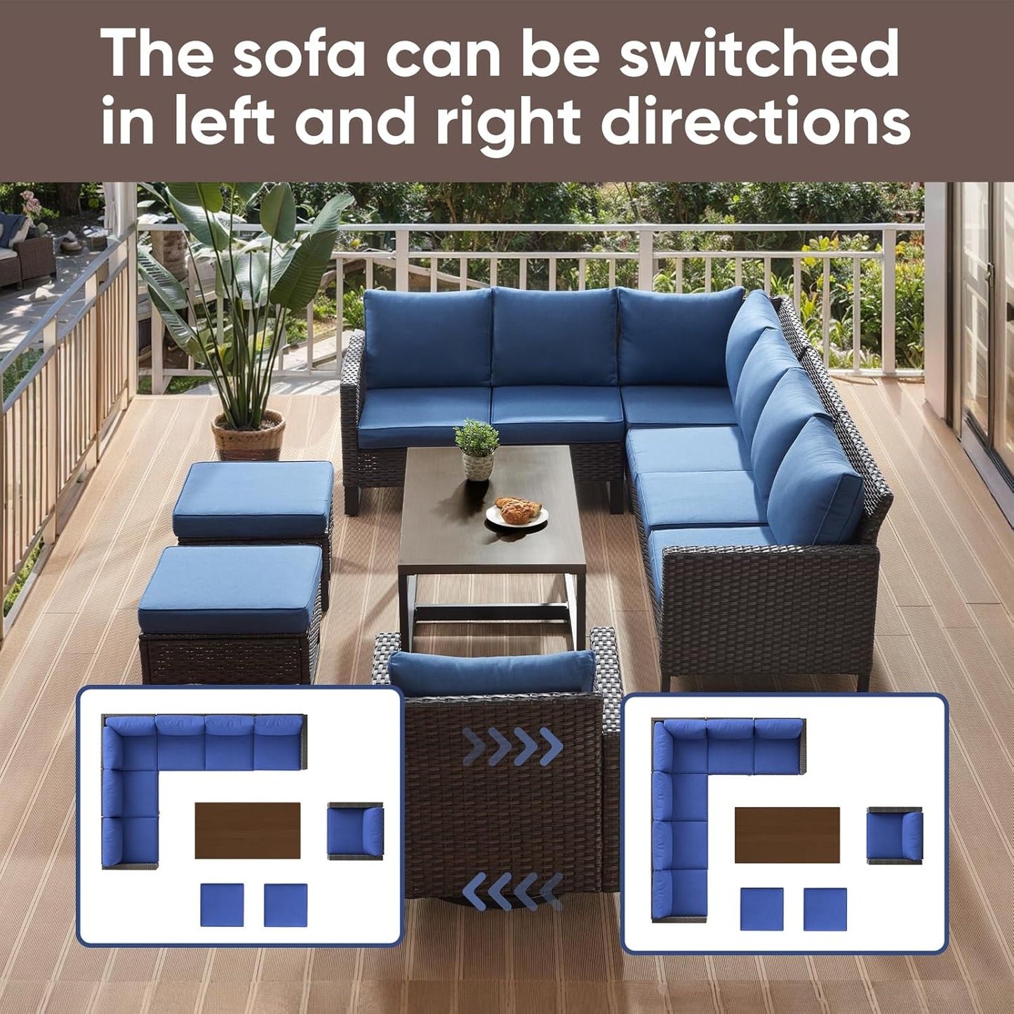 HUMMUH 8 Piece Patio Furniture Set PE Wicker Outdoor Sectional Sofa and Patio Swivel Chairs Outdoor Dining Table Ottomans for Porch,Garden,Backyard,Deck(Brown/Blue)