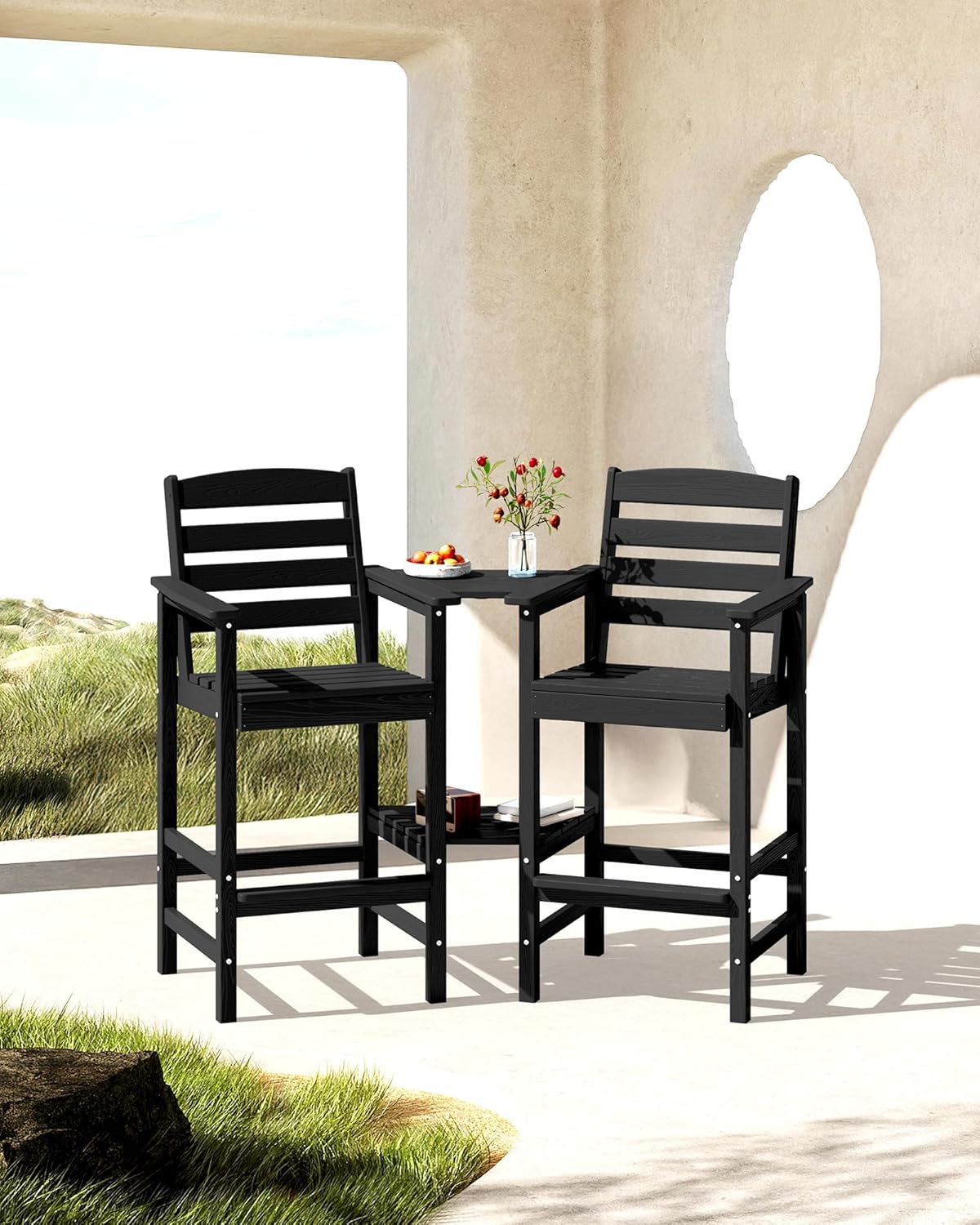 SERWALL Tall Adirondack Chairs Set of 2 with Connecting Table, All Weather Outdoor Barstools, Black