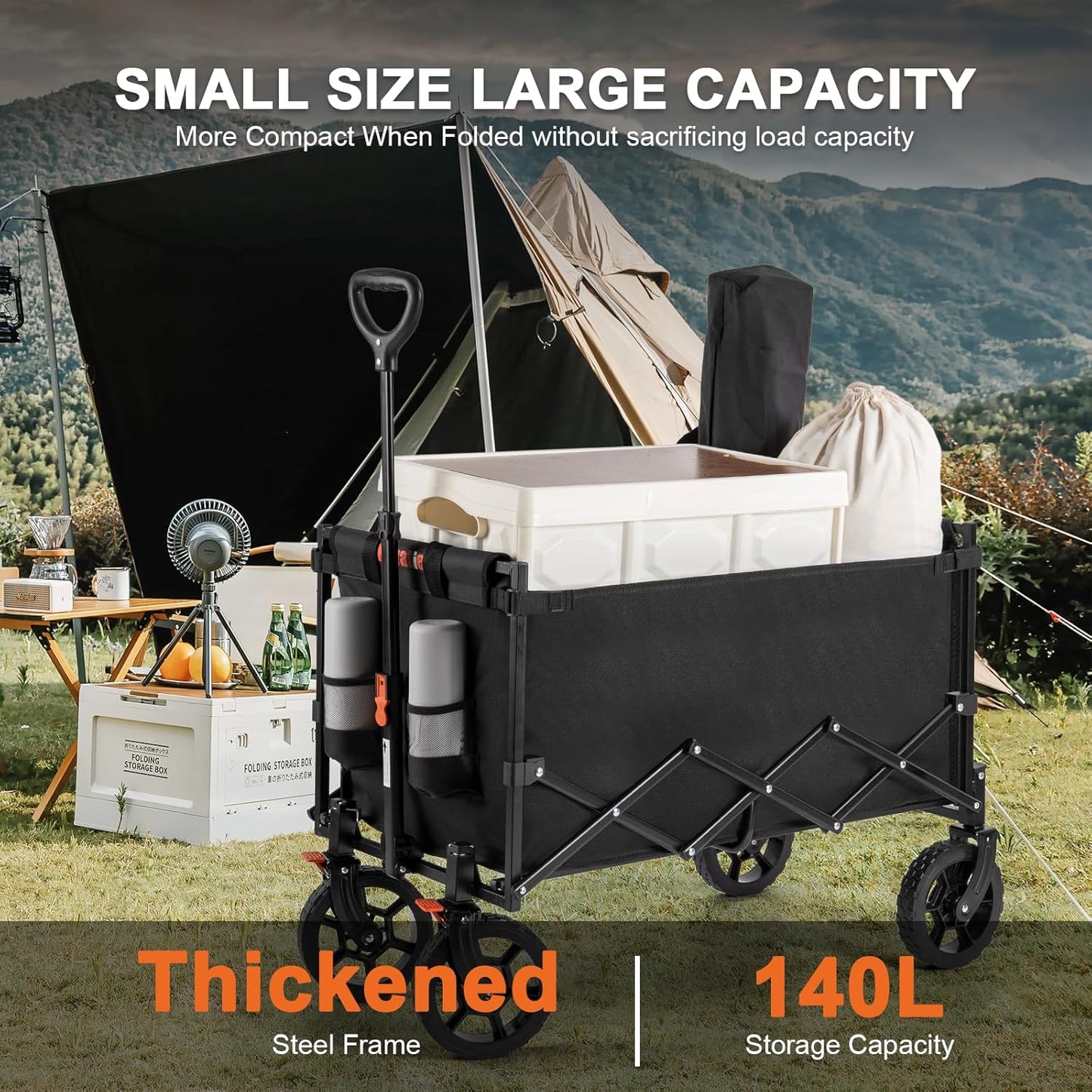 Navatiee 140L Wagon Cart Foldable, Large Capacity Collapsible Wagon with Smallest Folding Design, Utility Grocery Cart for Camping Shopping Sports, Black