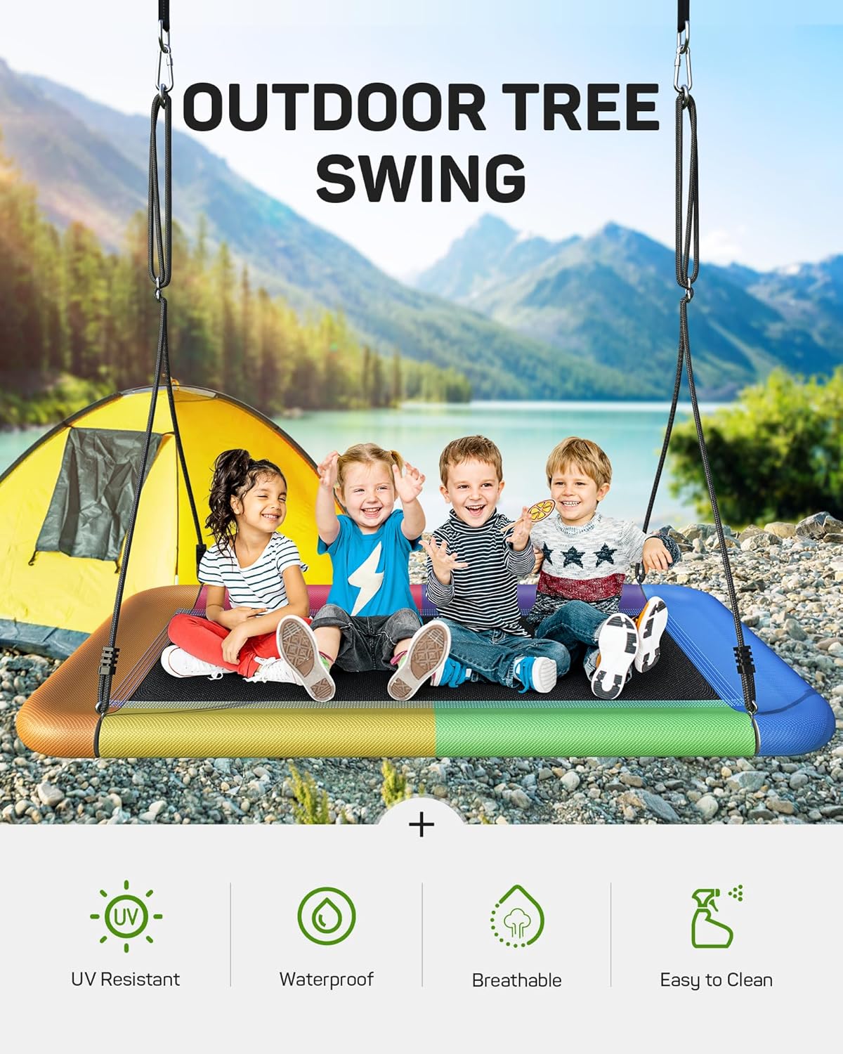 Tree Swing for Kids and Adults, 60" Waterproof Rectangle Platform Swing, 700lbs Heavy Duty with Adjustable Straps, Rainbow