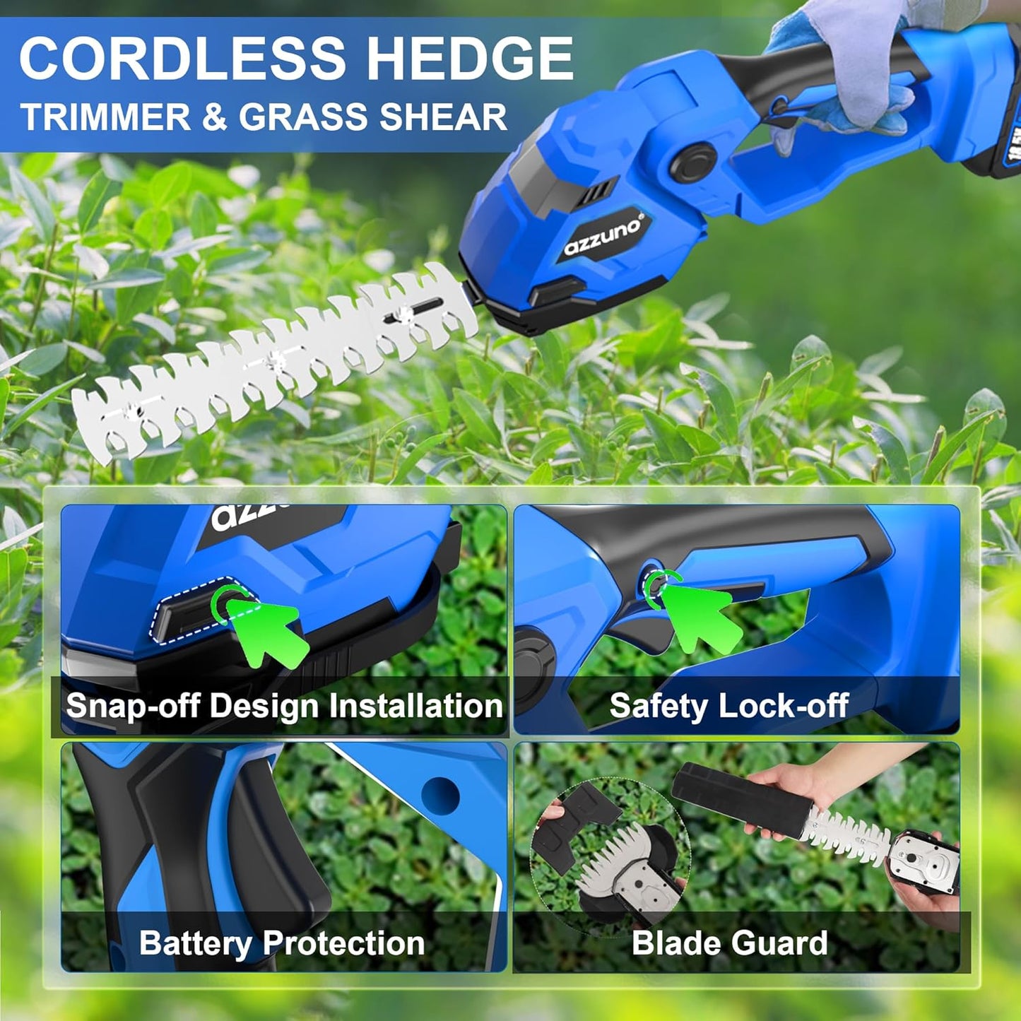 AZZUNO Cordless Hedge Trimmer, 2-in-1 Electric Grass Shears Shrubbery Trimmer with 2Ah Battery，Handheld Grass Cutter Shrub Trimmer for Gardens, Yards, Lawns, Including Charger(2 Batteries)